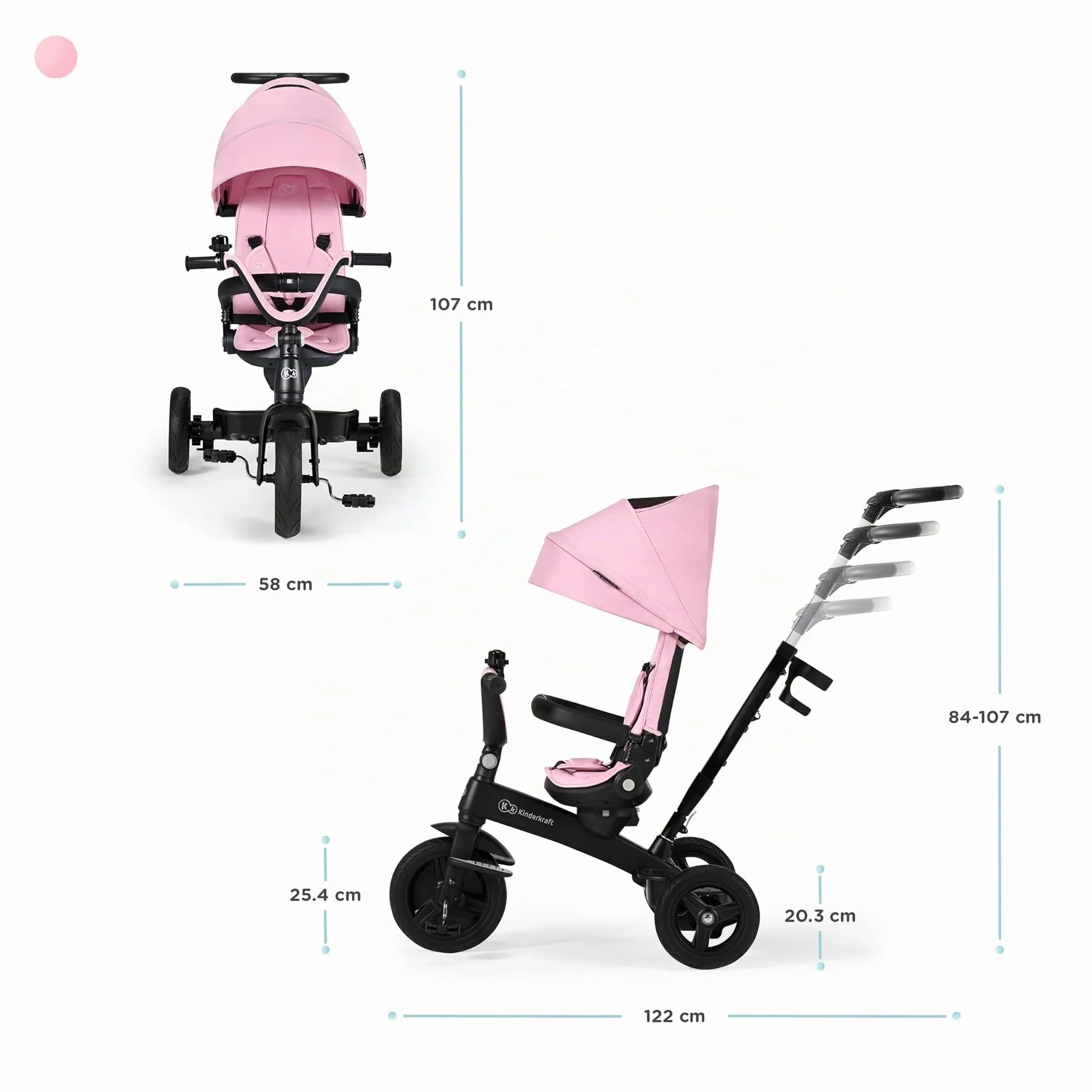 Kinderkraft Triciclo Evolutivo TWIPPER, con Maniglione, Sella Girevole 360 Gradi, Accessori, Campanello, Portabicchiere, da 9 Mesi fino a 5 Anni, Rosa