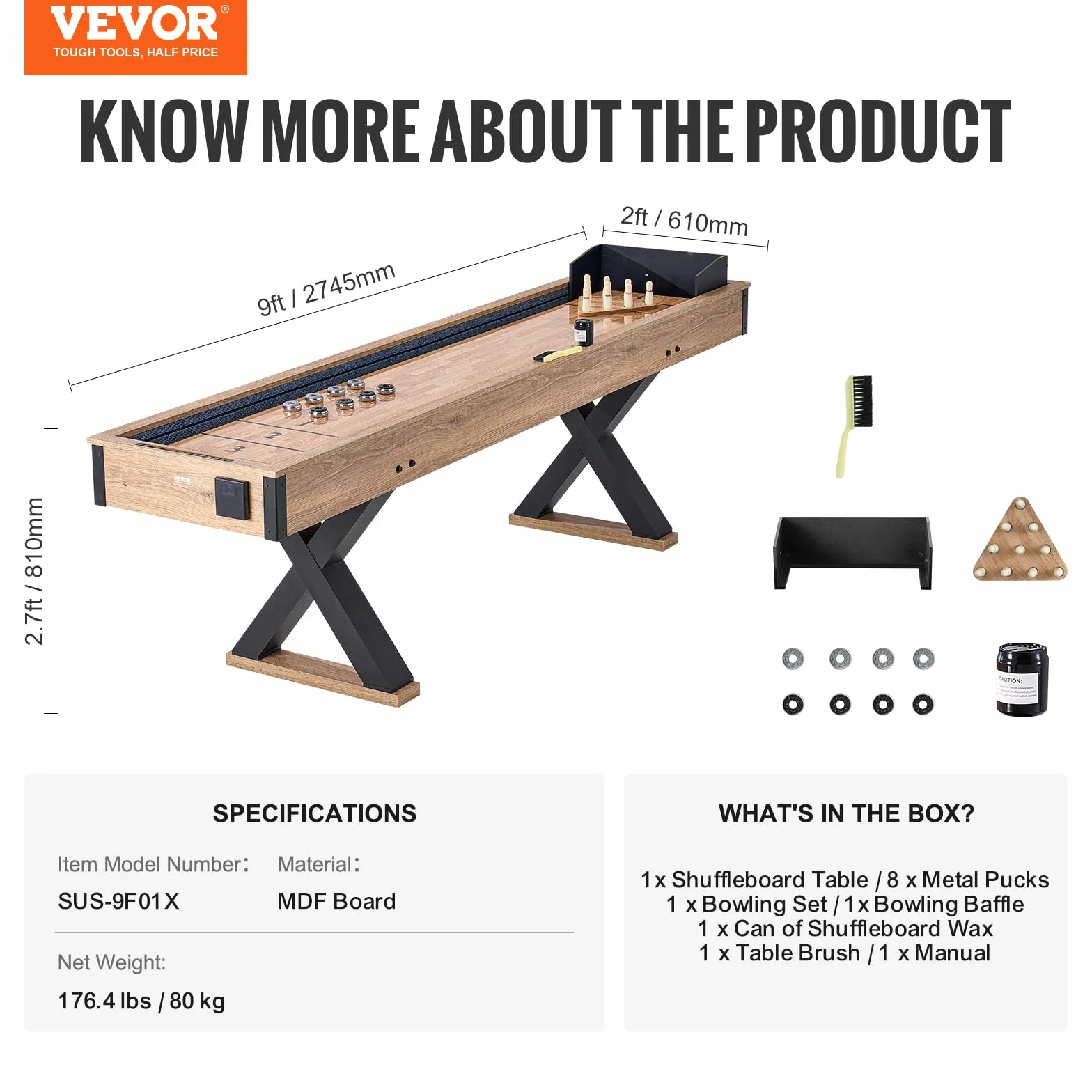 VEVOR Tavolo da Shuffleboard 274 cm per Giochi da Tavolo Giochi a Gruppo, Set Gioco di Shuffleboard Bowling 2 in 1, con Campo da Gioco Antigraffio, Gambe, 8 Dischi, Set da Bowling da Tavolo, Feste