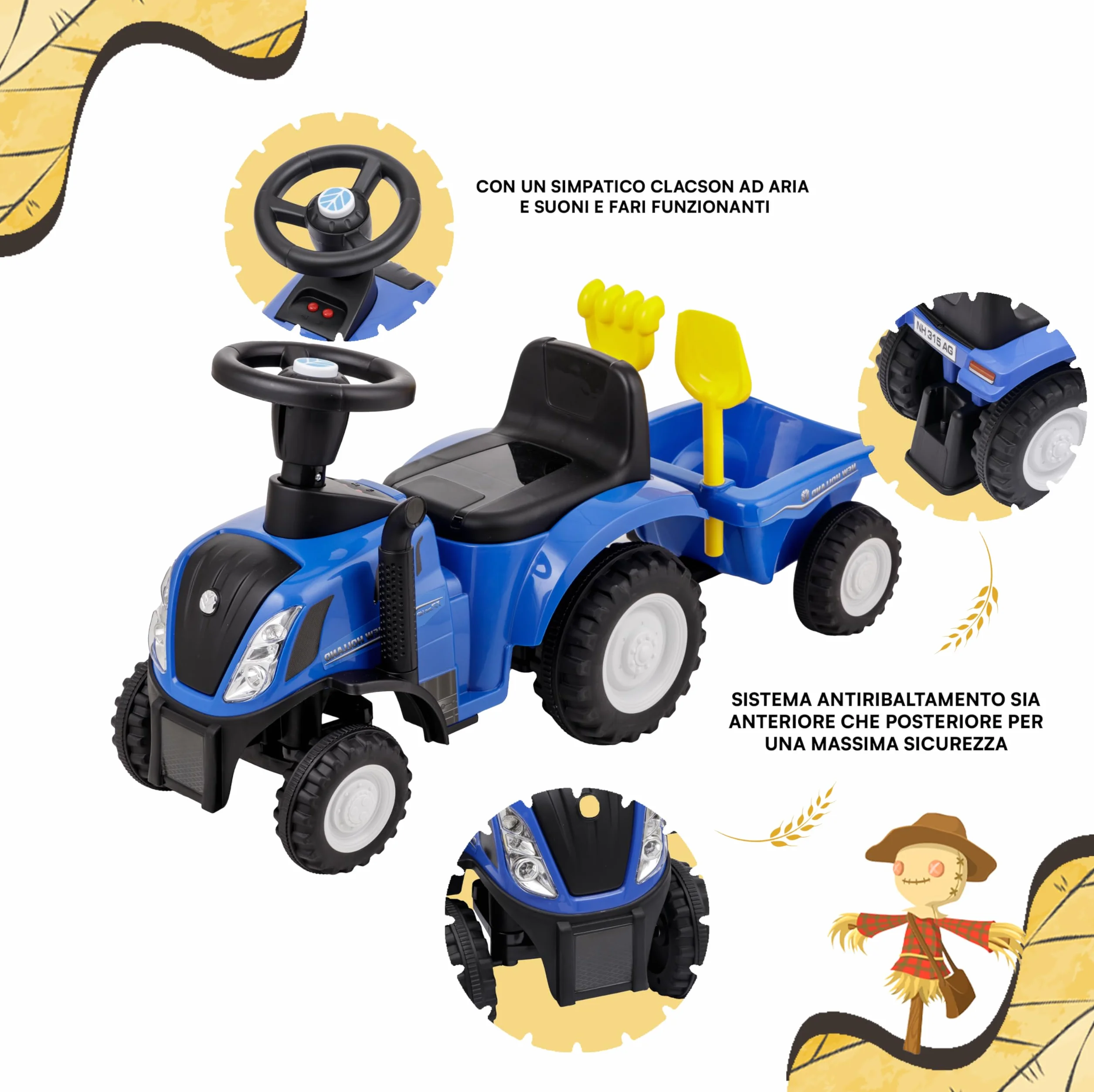 Baroni Toys Trattore Ride-On con Rimorchio per Bambini dai 12 a 36 mesi, Trattore con Clacson ad Aria, Volante Sterzante, Suoni e Fari Funzionanti, Paletta e Rastrello Inclusi, 29x91x44 cm, Blu