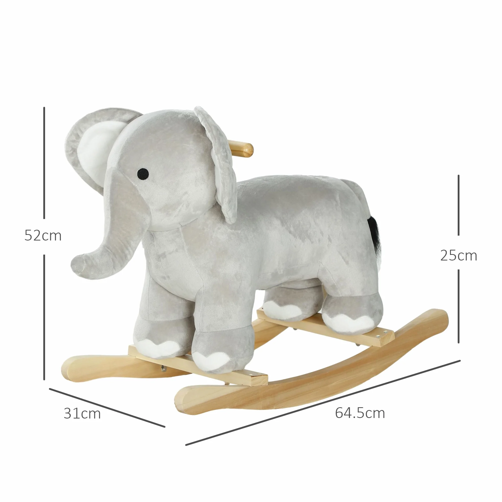 AIYAPLAY Cavallo a Dondolo per Bambini a Forma di Elefante, Cavalluccio a Dondolo Cavalcabile in Legno e Peluche con Base e Suoni Realistici, 2-4 Anni, 64.5x31x52 cm, Grigio