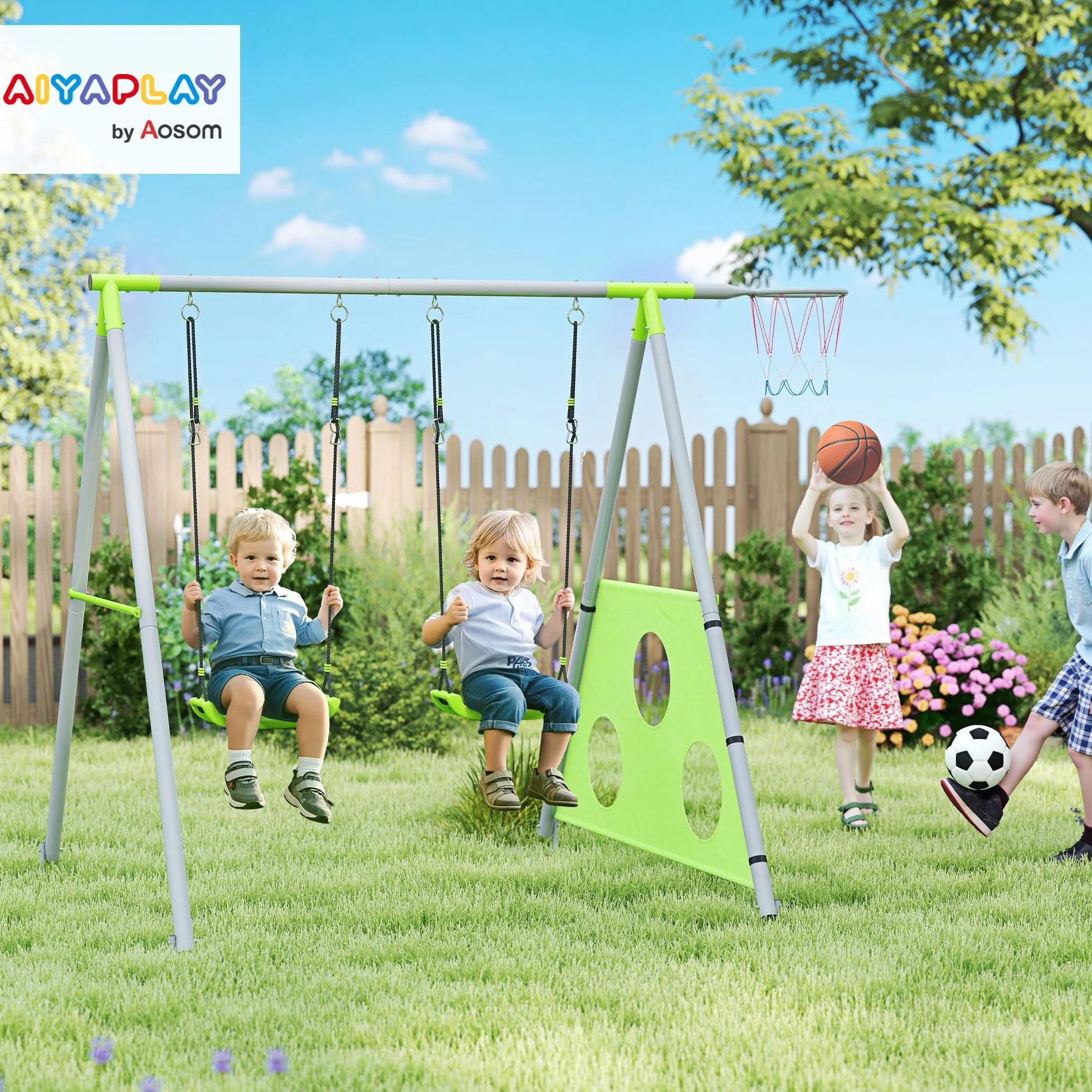 AIYAPLAY Set Altalena da Giardino per Bambini 3 in 1 con Altalena per Bambini, Canestro da Basket e Porta da Calcio, Gioco per Bambini 3-8 Anni con Telaio ad A in Metallo per Uso Esterno, Carico 90kg