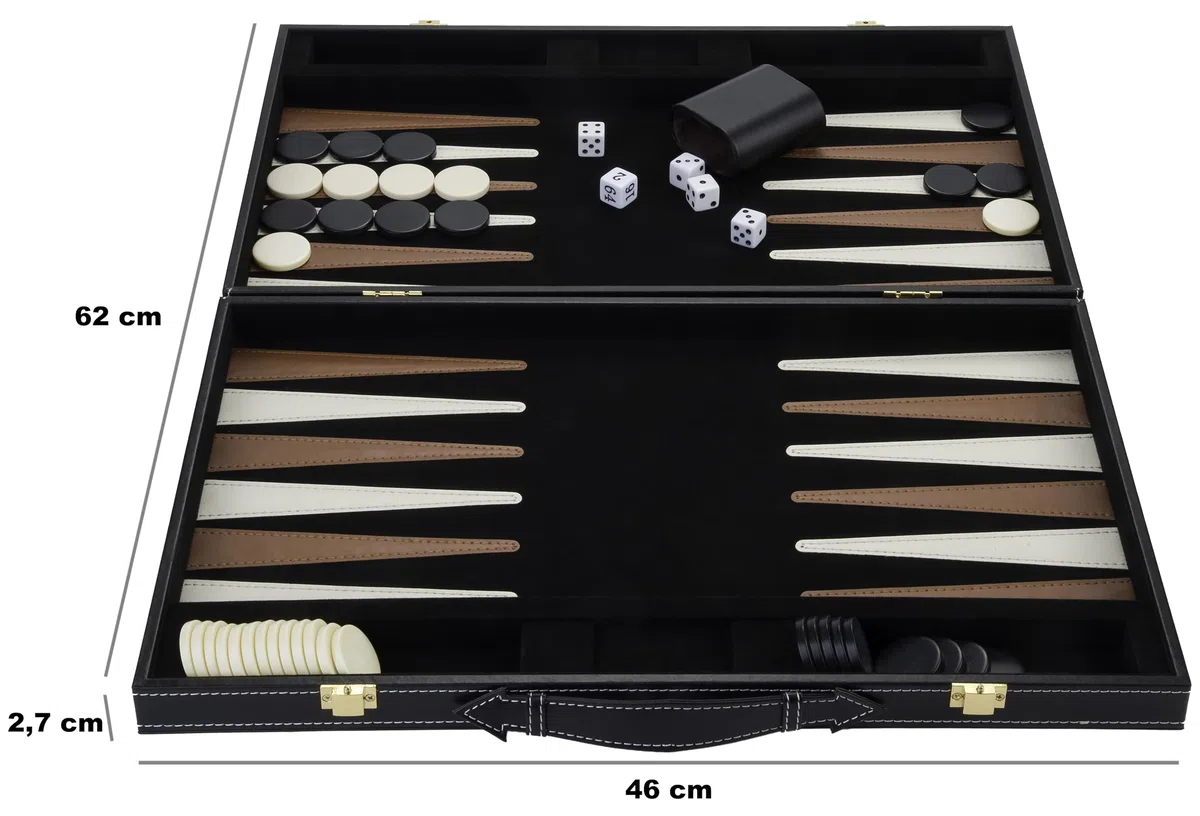 Engelhart - 250504 - Gioco di Backgammon in Legno Deluxe in Custodia Rivestita in Similpelle, 2 Giocatori, 5 Dadi, 2 Tazze e Shuffleboard (Marrone/Avorio 45,7 cm)