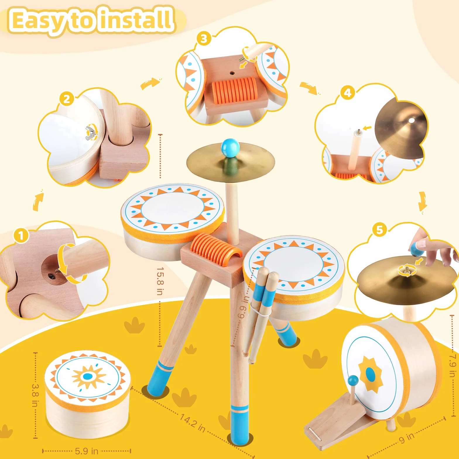 Tamburo Montessori per Bambini 1+ Anno | Set di Tamburi Educativi in Legno per Bambini 1-3 Anni | Strumenti Musicali per Neonati, Regalo Perfetto per Compleanno/Natale per Ragazzi e Ragazze