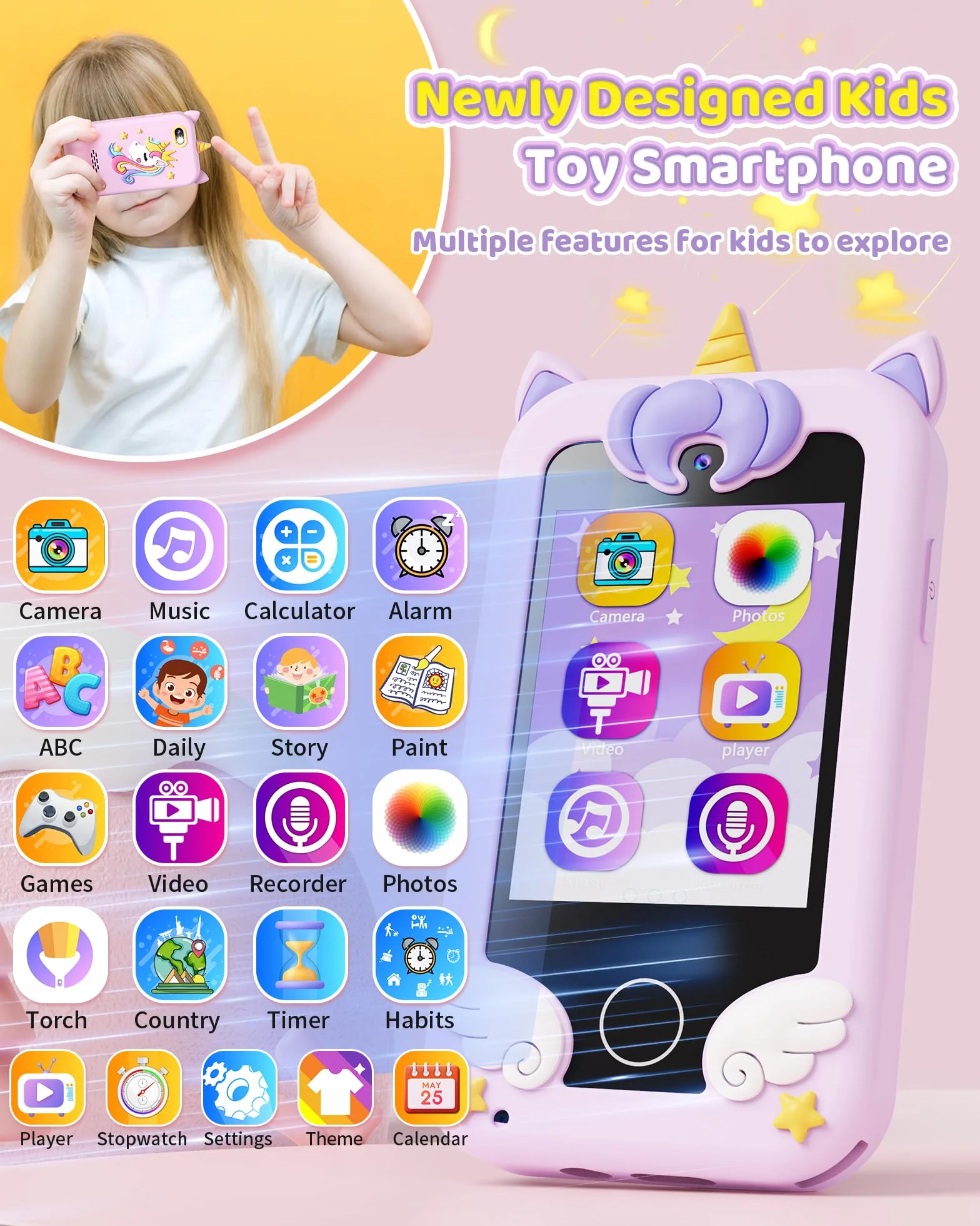Telefono Giocattolo per Bambini, Regali a Tema Unicorno per Bambini e Bambine da 3 a 8 Anni, Smartphone con Schermo Tattile, Musica, Doppia Fotocamera e Giochi di Puzzle, Ideale per Compleanno
