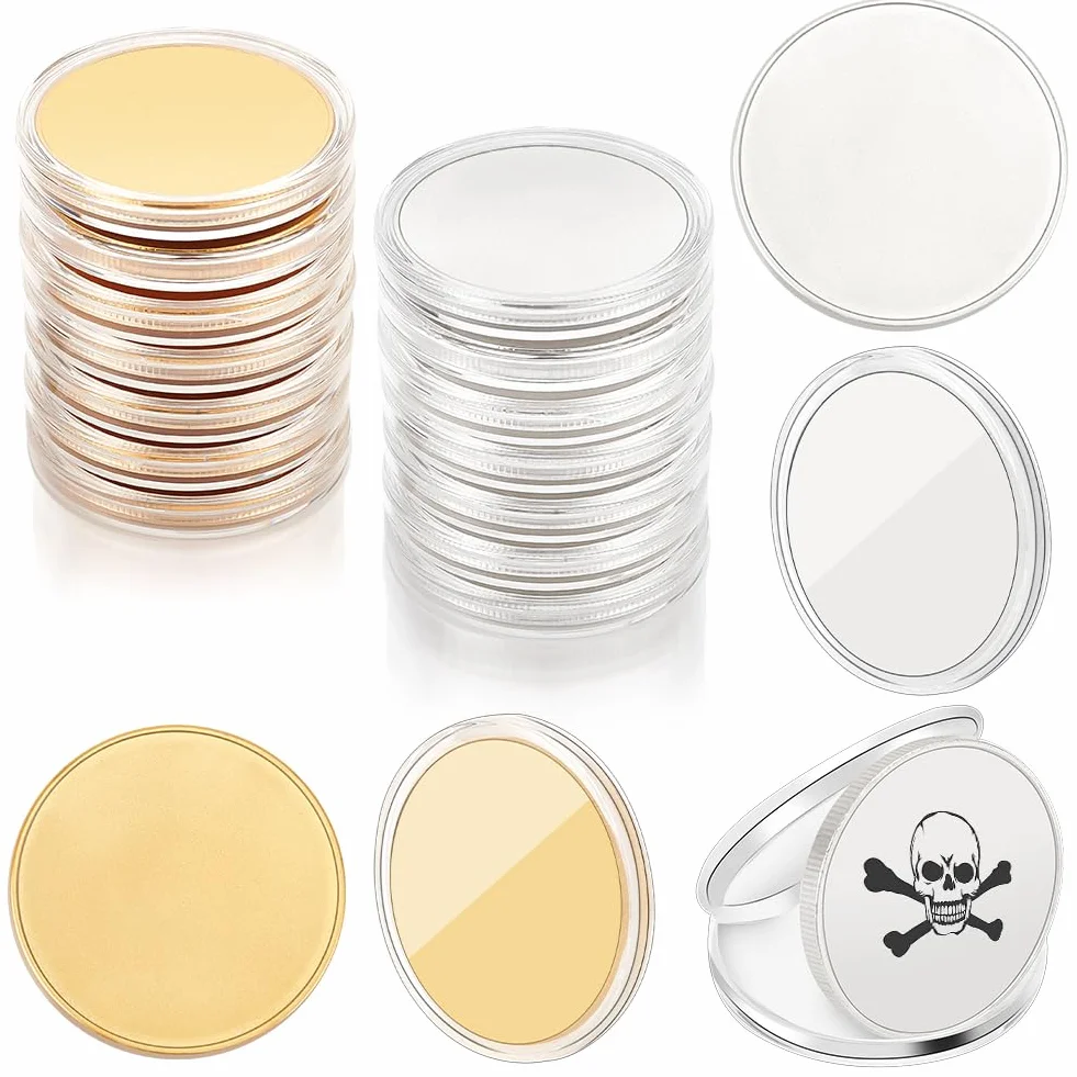 WEBEEDY 20 pezzi Blank Challenge Coin Incisione Monete grezze in metallo punzonatura 40 mm per incisioni laser a fibra, rotonde, tag filettati, moneta con scatola protettiva in acrilico, oro e argento