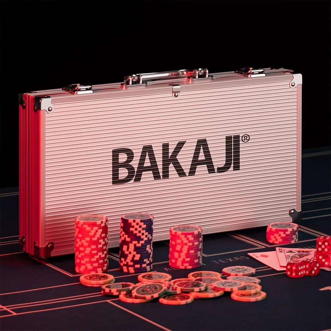 BAKAJI Set Valigetta da Poker in Alluminio con 300 Fiches Chip, Confezione da Gioco Professionale, 2 Mazzi di Carte, 5 Dadi, Pulsante Dealer, Valigia Alta Qualità Ideale per Texas Hold'em e Blackjack