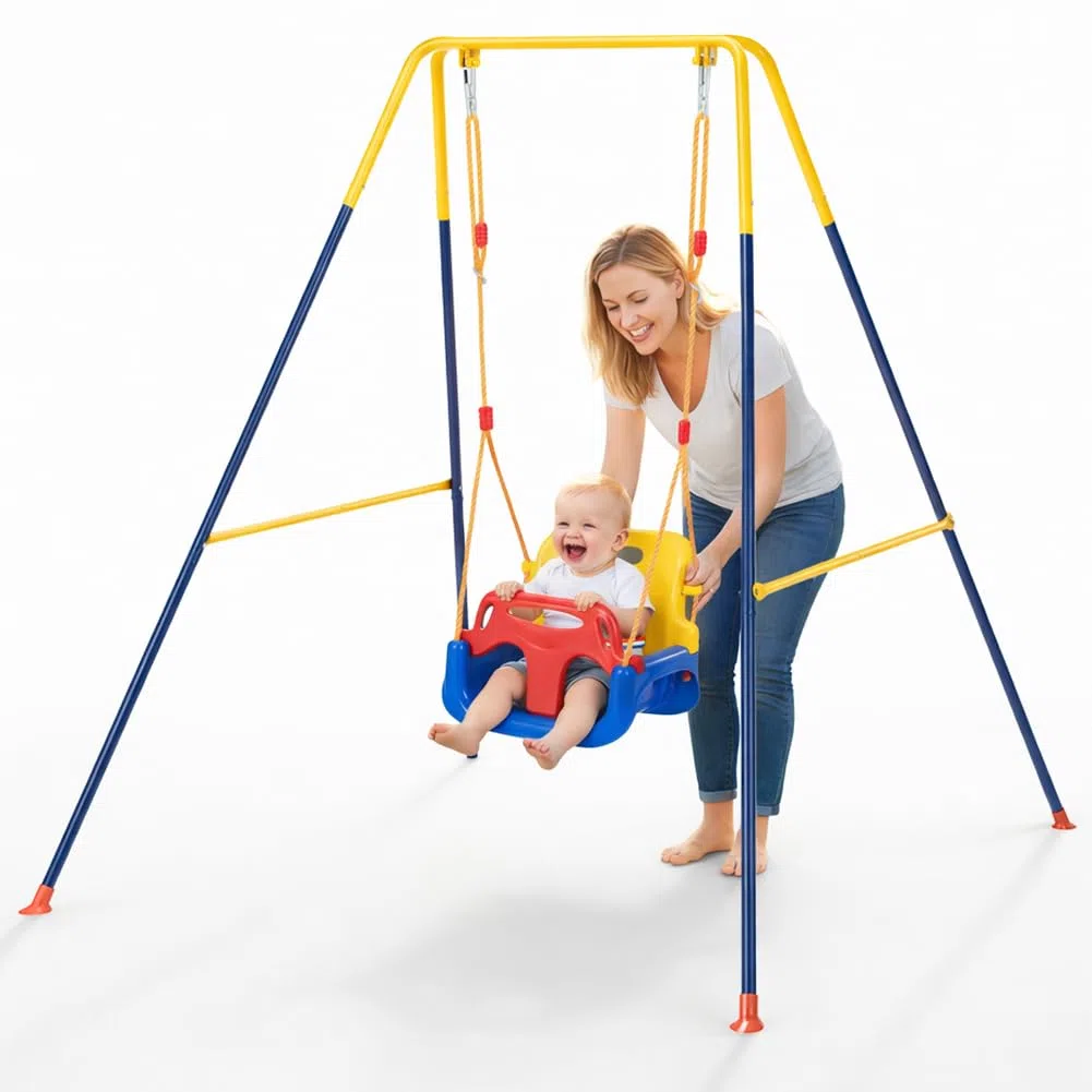 BAKAJI Altalena 3 in 1 per Bambini da Giardino, Resistente con Struttura in Acciaio e 4 Sacchi di Sabbia per Fissaggio Al Terreno, Sediolino con Cinture di Sicurezza e Schienale, Indoor/Outdoor