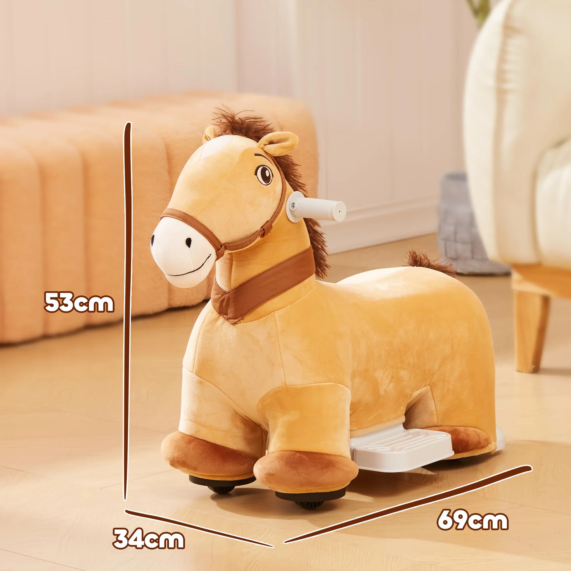 AIYAPLAY Cavallo a Dondolo Elettrico 6V per Bambini da 18-36 Mesi con Musica e Ruote, Cavalluccio a Dondolo Cavalcabile in Poliestere, 69x34x53cm, Marrone
