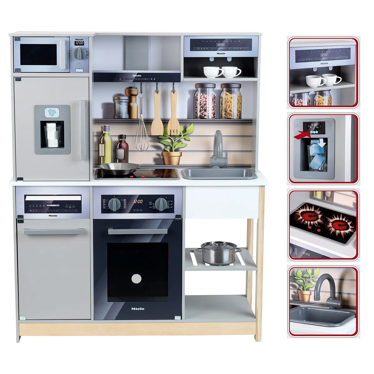 Theo Klein Cucina familiare Miele, in Legno con Fornello, Funzione Luci e Suoni, Forno a Microonde, Frigorifero con distributore di Cubetti di Ghiaccio, Accessori da Cucina, Giocattoli per Bambini 3+