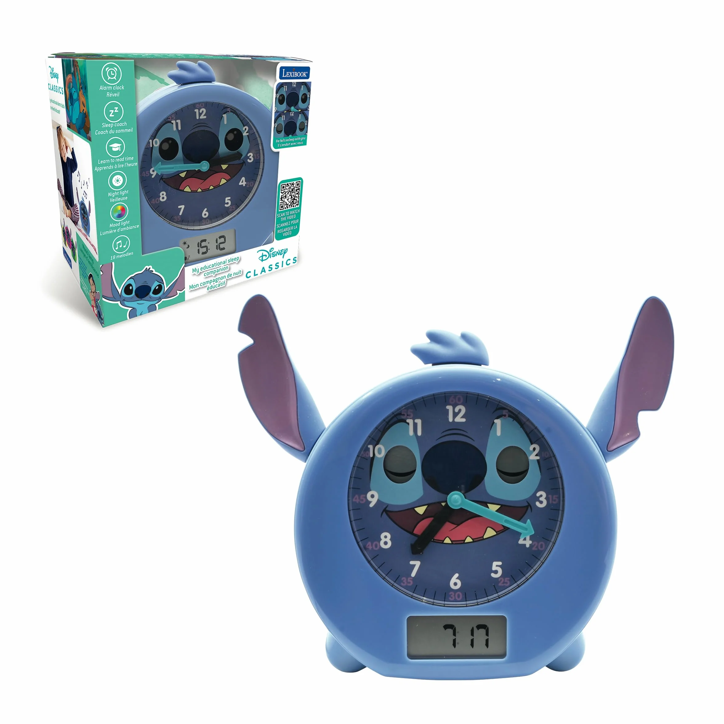 Lexibook Disney Stitch Il mio compagno educativo notturno, sveglia, luce notturna, simulatore d’alba e narratore di storie, con cavo di alimentazione, blu, RLT100D