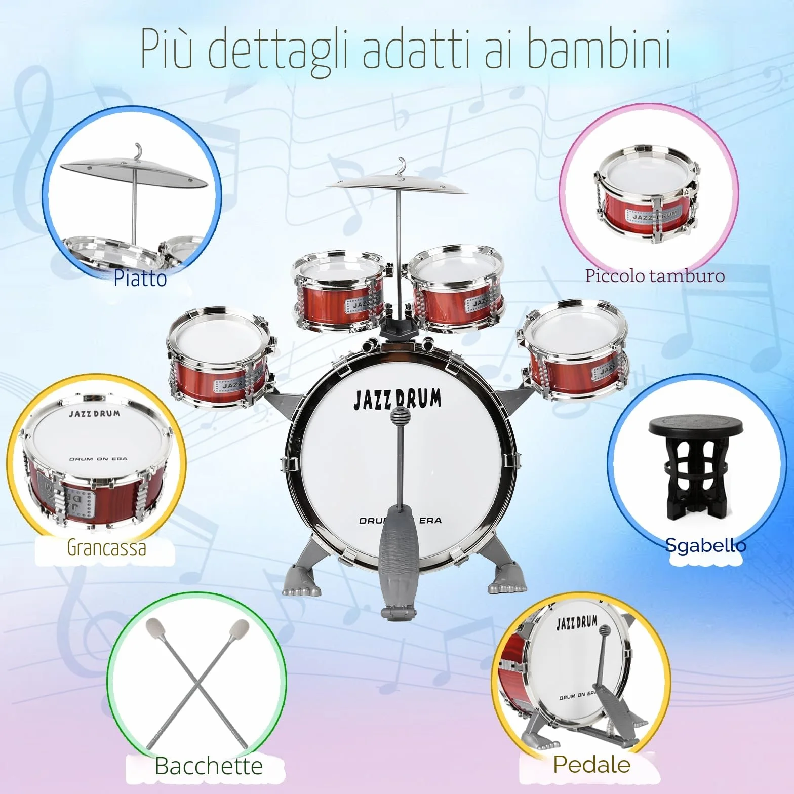 m zimoon Kit Batteria Jazz Per Bambini, 5 Tamburi Con Sgabello Pedale E Bacchette Per Principianti Strumento Musicale Percussione Giocattolo Vacanze Compleanno Regalo Educativo Per Ragazzi E Ragazze