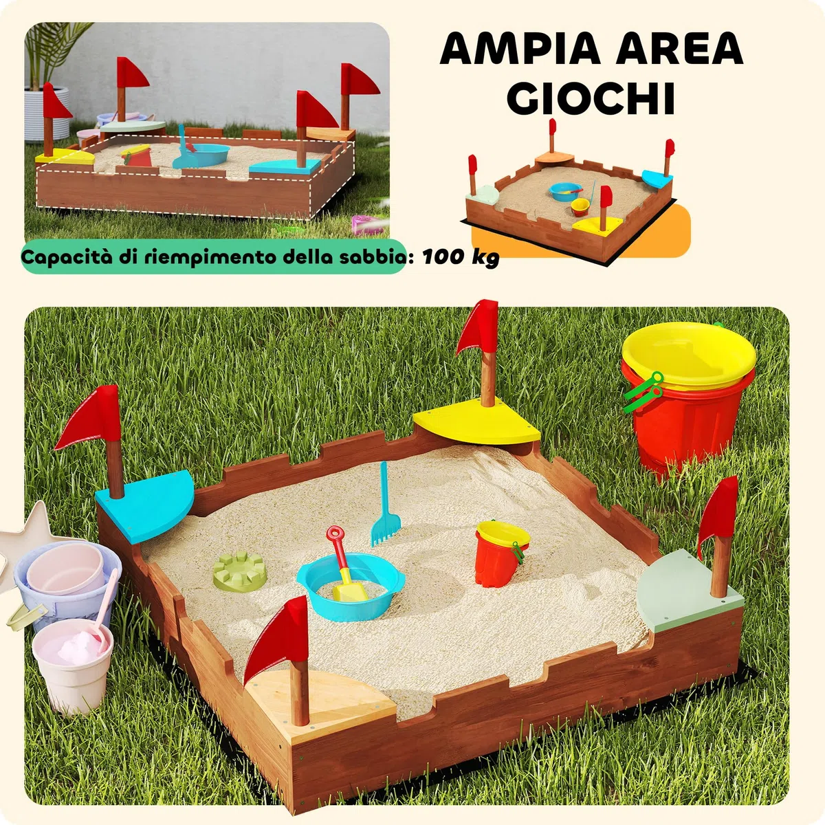 AIYAPLAY Sabbiera per Bambini 3-7 Anni a Forma di Castello con 4 Sedute con Bandierine, Sabbionaia per Bambini in Legno di Abete, 90x90x17 cm, Multicolore