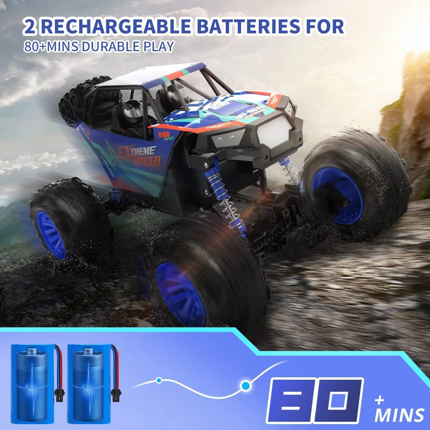 DEERC Grandi auto telecomandate 1:8 Monster Truck fuoristrada con suono realistico, 2,4 GHz 4WD Rock Crawler giocattolo per ogni terreno, 2 batterie per 80 minuti di gioco