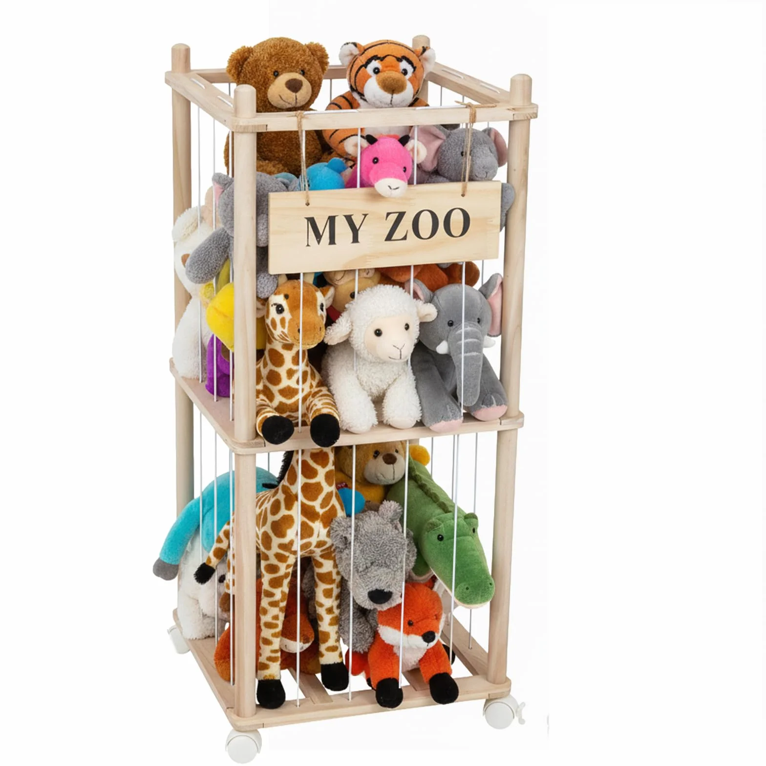 Porta Peluche Verticale a 2 Ripiani, Portapeluche con Ruote Frenate a 360°, Organizer per Animali di Peluche e Giocattoli, per Camera dei Bambini, Sala Giochi, Soggiorno, 95 x 40 x 40 cm