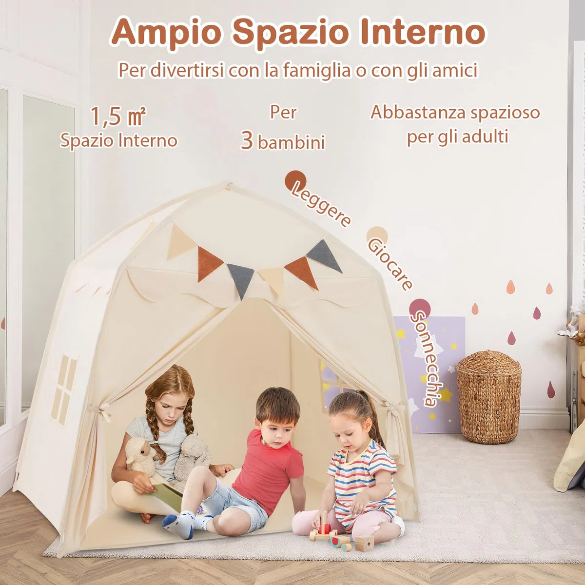 COSTWAY Tenda per Bambini con Luci Fatate, Casetta da Gioco Portatile 157x98x148 cm Beige