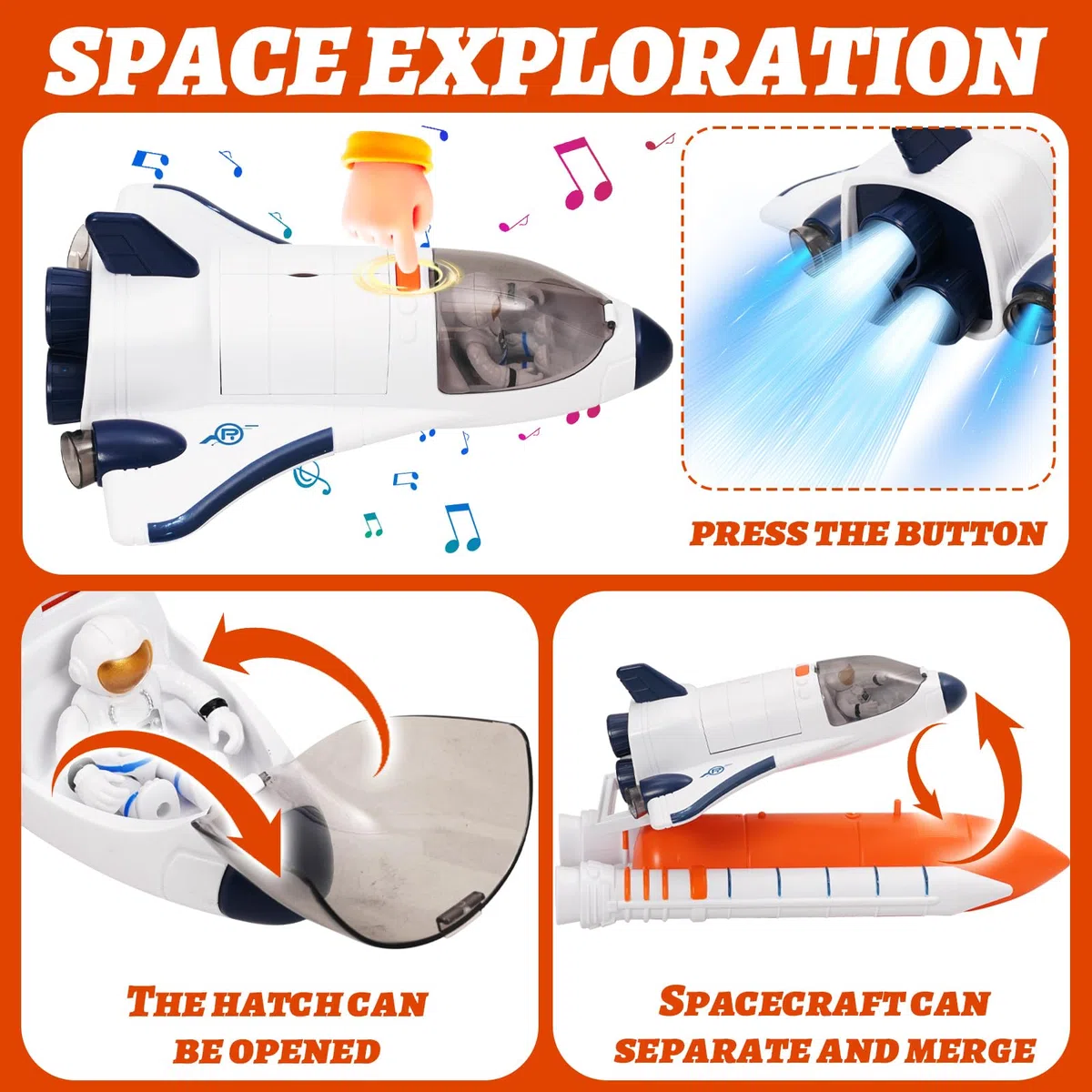 Space Shuttle, giocattolo per bambini con suono e luce, 2 astronauti, giocattolo spaziale per ragazzi e ragazze