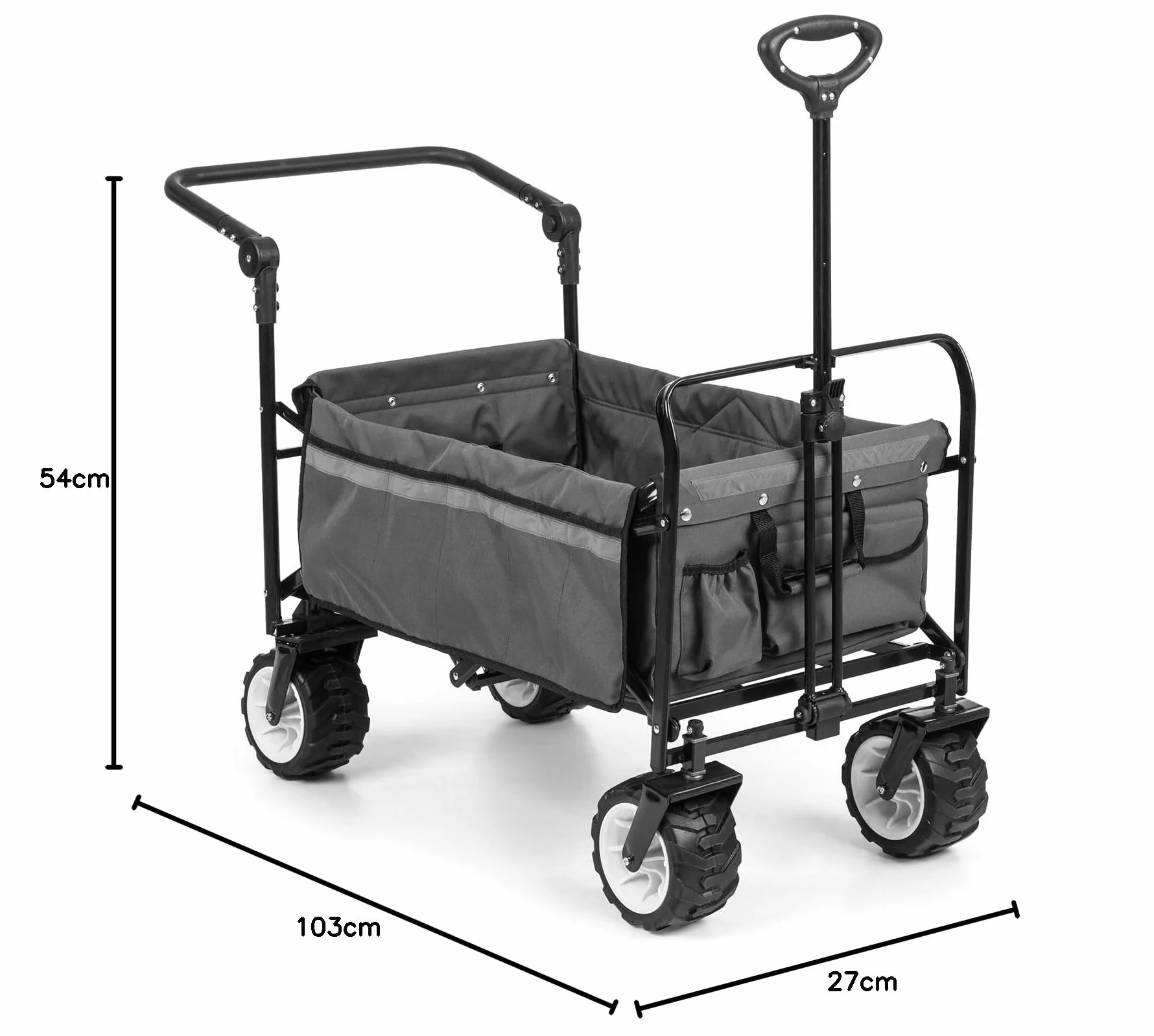 Waldbeck Easy Rider - Carretto, Carretto a Mano, Portata Fino a 70 kg, Copertura in Poliestere 600D, 2 Cinture di Sicurezza per Bambini, Pieghevole, Braccio Telescopico, Grigio