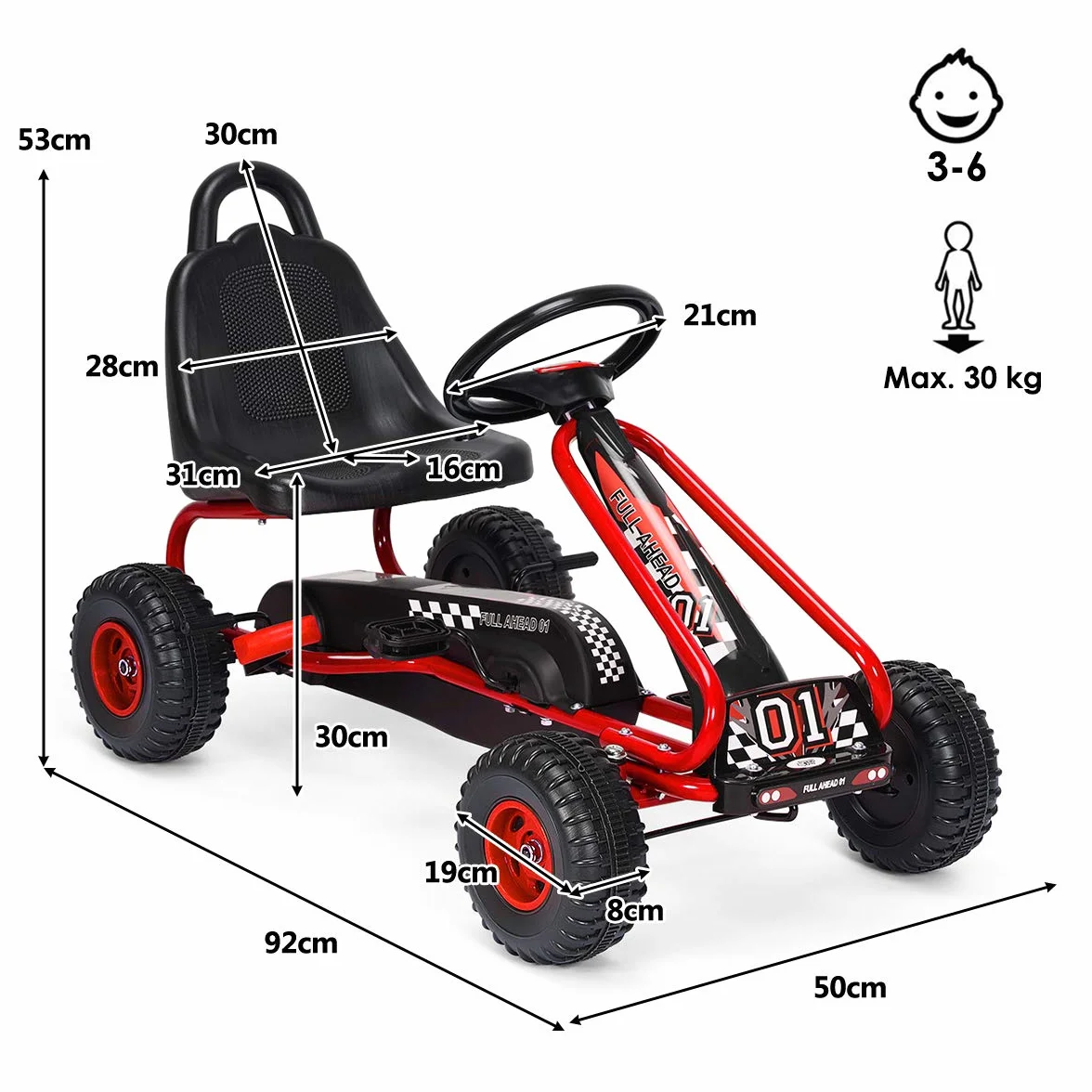 COSTWAY Go Kart a Pedali per Bambini, Veicolo con Sedile Regolabile e Freno a Mano, Portata 30 kg Rosso