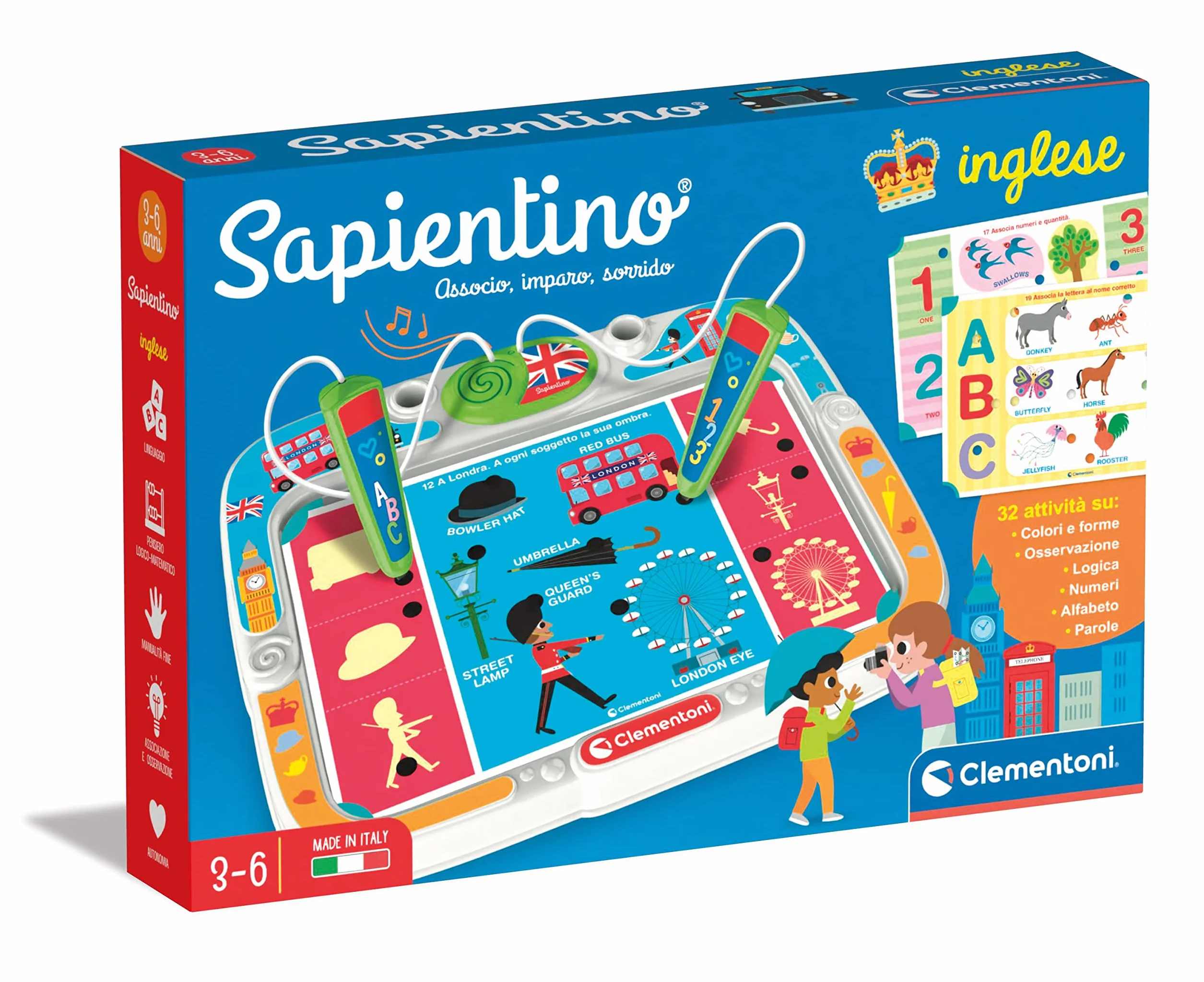Clementoni Sapientino - Banchetto Inglese con 16 Schede Educative Illustrate, 32 attività e 2 Penne Interattive, Gioco Educativo 3-6 Anni, Made in Italy, Lingua Italiana, 16387