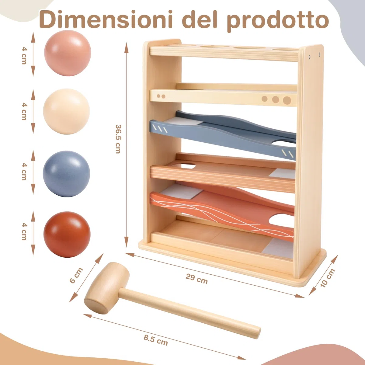 Vanplay Pista Biglie Legno Bambini 1 Anno Gioco Martello 4 Palline Giocattolo Montessori