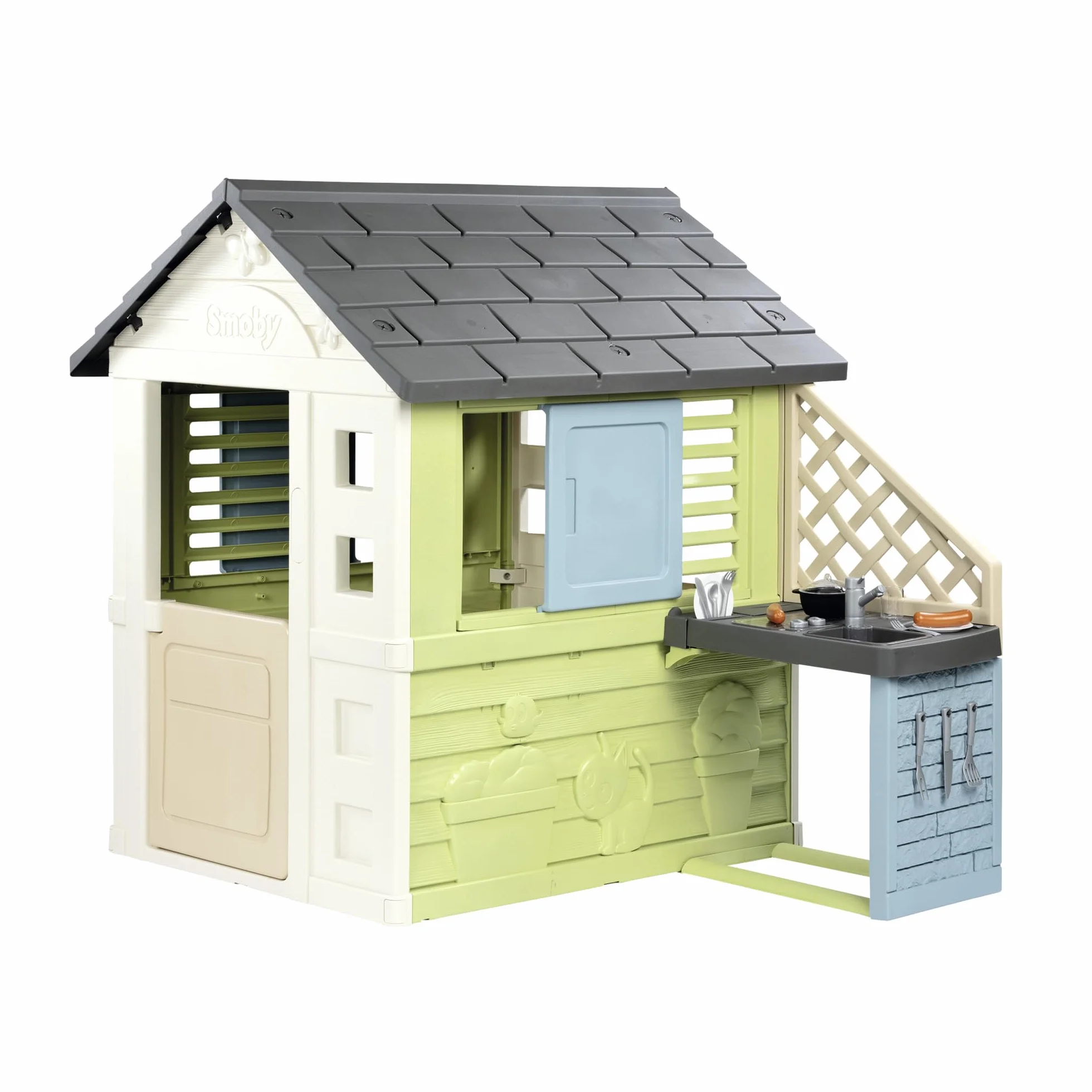 Smoby Life - Casa Bella + Cucina Estiva - Piastra e Lavello - Numerosi Accessori - Materiale Riciclato - Dai 2 Anni - Prodotto in Francia