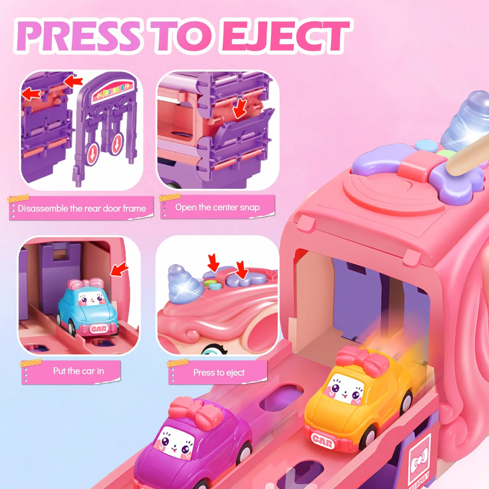 RoserRose Camion Giocattolo per Bambini, Unicorno Camion Porta Macchinine con 6 Mini Cars, Luci e Musica, Regalo Bambina 2 Anni, Macchina Giocattoli per Bambina 2 3 4 5 6 Anni