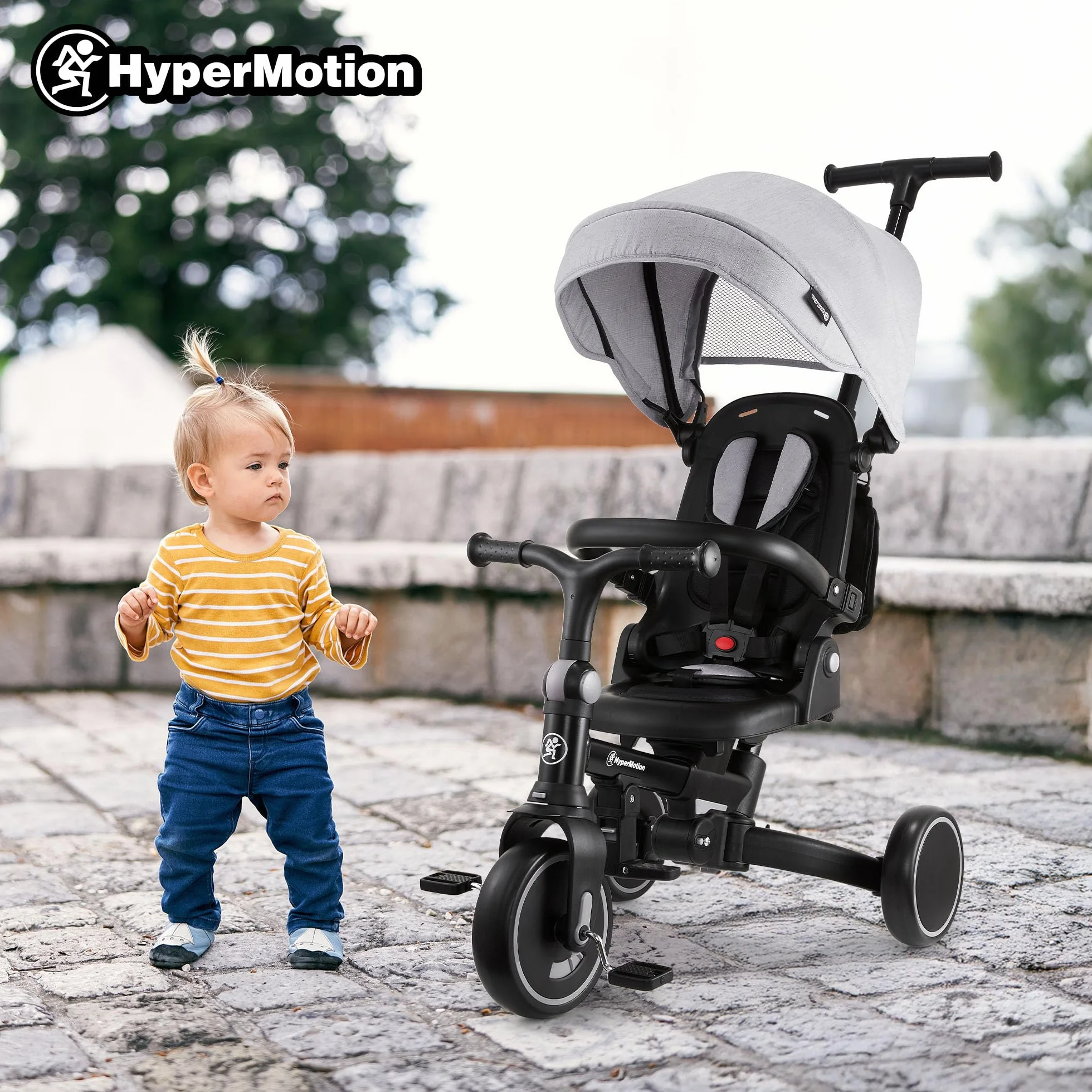 HyperMotion Triciclo Evolutivo 8 in 1 – Triciclo Passeggino Reclinabile e Pieghevole con Seduta Girevole 360° – con Cappottina, Maniglione e Cintura – per Bambini 1-5 Anni