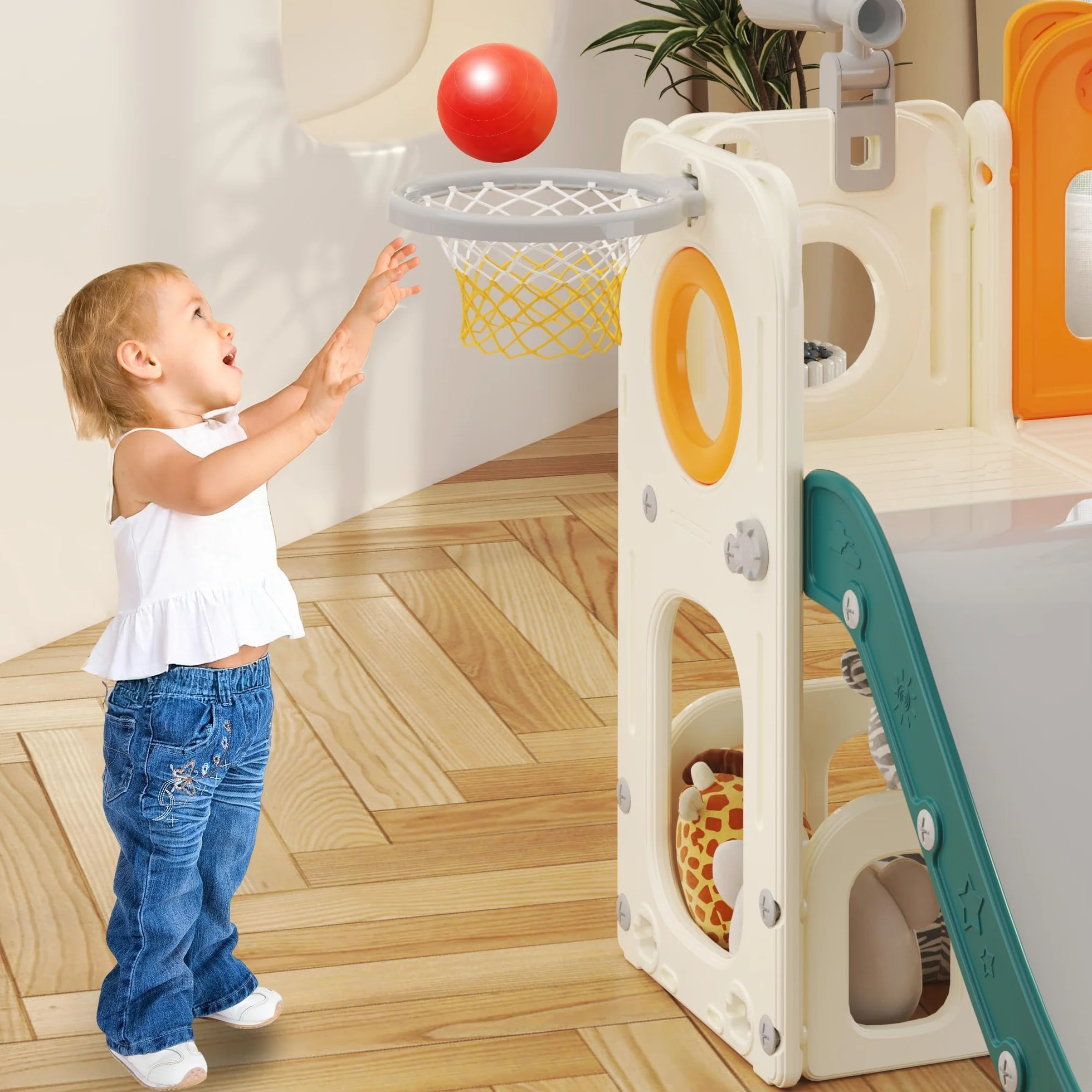 Scivolo per Bambini con Scala da Arrampicata, Canestro da Basket e Tunnel, Set di Scivolo in Plastica per Interni per Bambini, Giochi Montessori per Parco Giochi, Verde