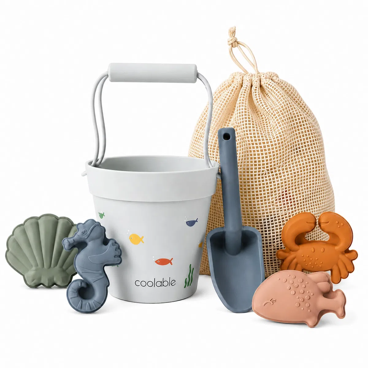 Set di 6 Giocattoli da Spiaggia in Silicone per Bambini - Secchiello Pieghevole, Paletta, 4 Formine e Borsa a Rete - Creature Marine