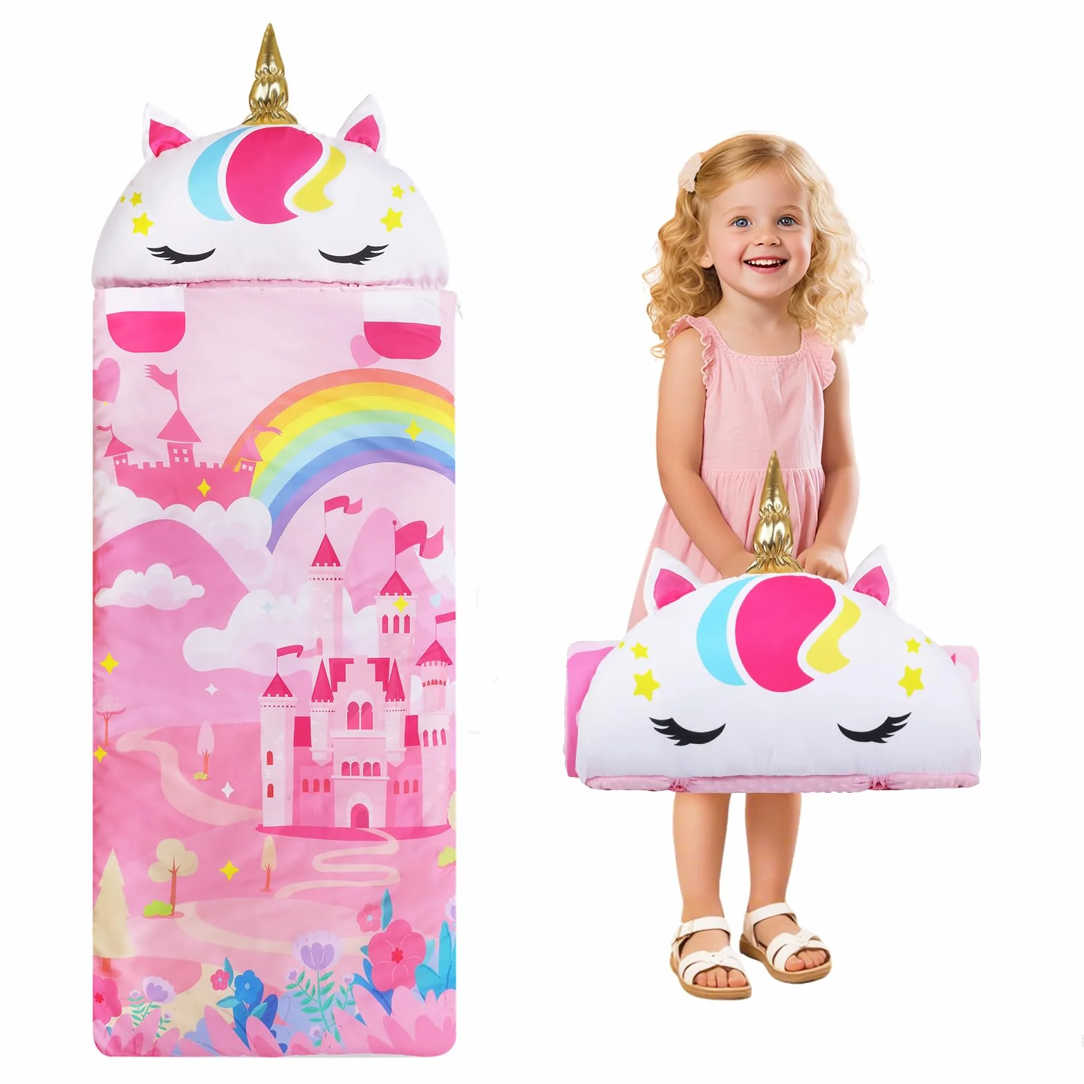 Decalsweet Nap Mat Caldo per Bambini con Rimovibile Cuscino, Sacco a Pelo Pieghevole per Ragazze Ragazzi, Nap Mats con Doppia Cerniera per Campeggio, Scuola Materna e Asilo, 150×60cm