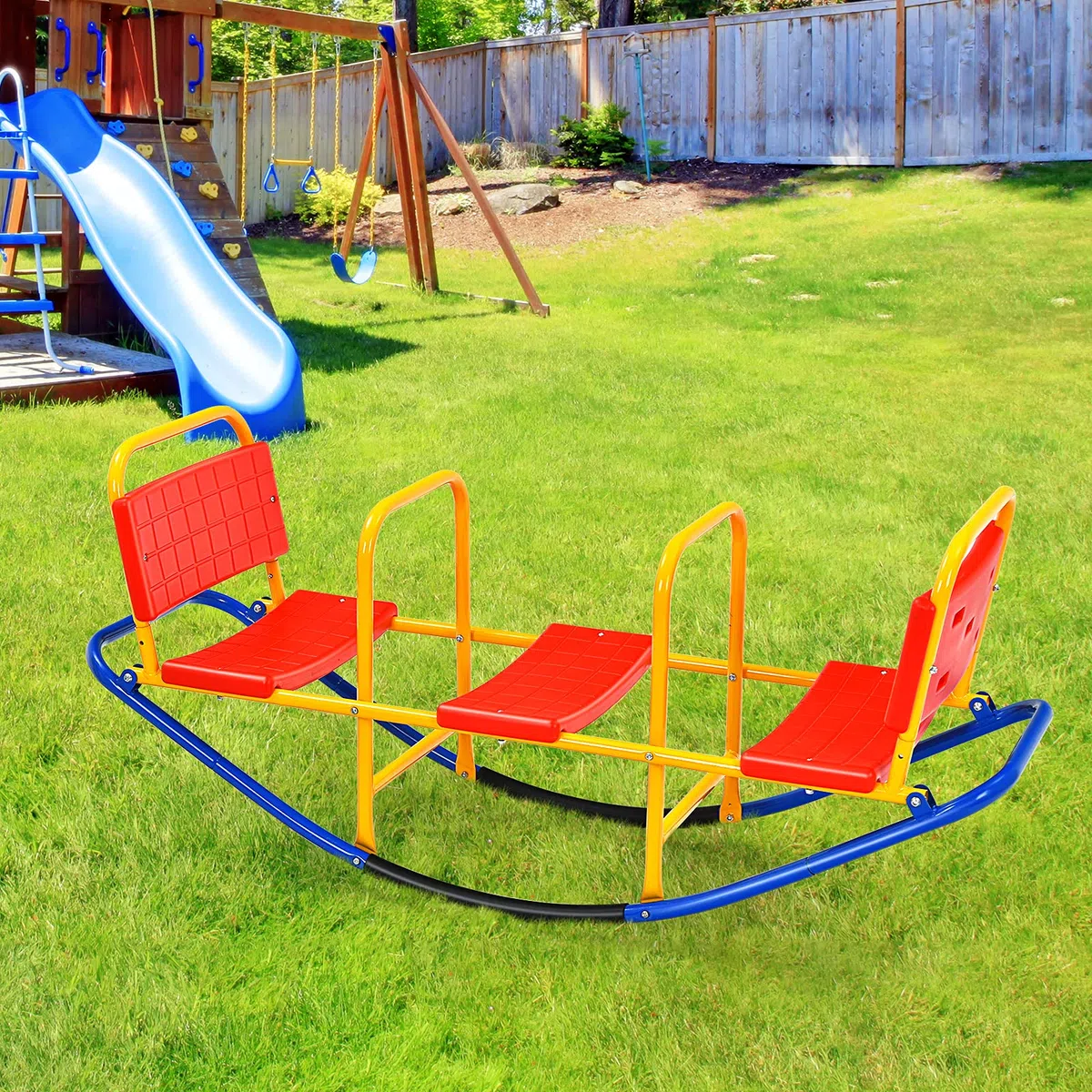 HOMASIS Altalena a Bilico per Bambini 3 Posti, Altalena a Dondolo in Metallo, Portata 90 kg, per Bambini 3-8 Anni (Rosso)