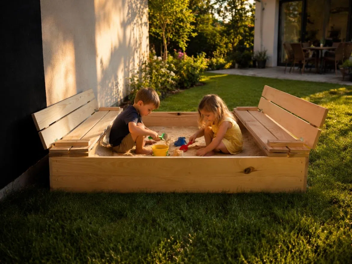 MG Design Sabbiera in legno 120 x 120 cm – con panchine pieghevoli e coperchio, sabbiera da giardino per bambini, sandbox legno esterno