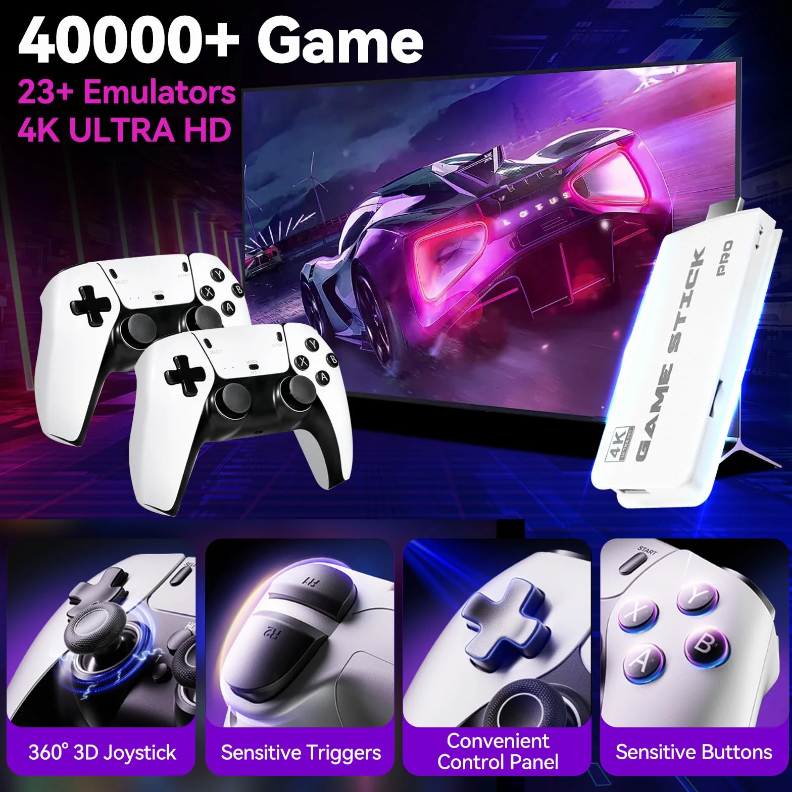 Nawchedo Console per videogiochi retrò 4K HDMI con oltre 40.000 giochi, 23 emulatori, plug-and-play, doppio controller wireless da 2,4 GHz, 64 GB