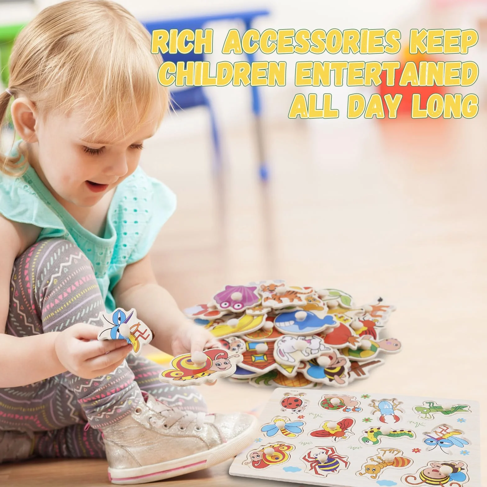 Puzzle con Bottoni in Legno per Bambini, 6 Pezzi Montessori Puzzle, Giocattolo Educativo Regalo per Bambini Ragazzi Ragazze