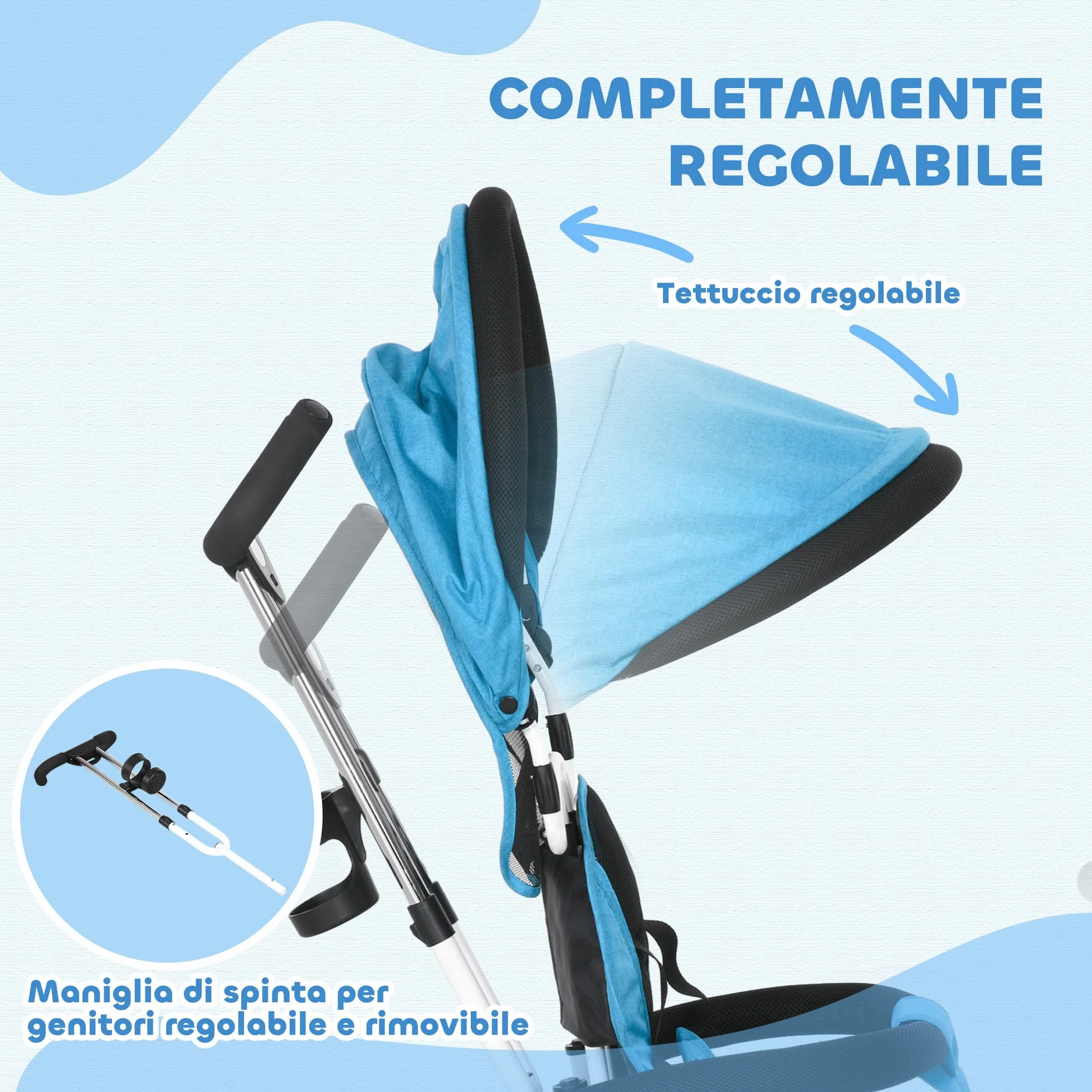 HOMCOM Triciclo per Bambini con Maniglione 6 in 1, Passeggino per Bambini con Tettuccio Regolabile, Cintura di Sicurezza e Cestino, Età 1-5 Anni, Blu