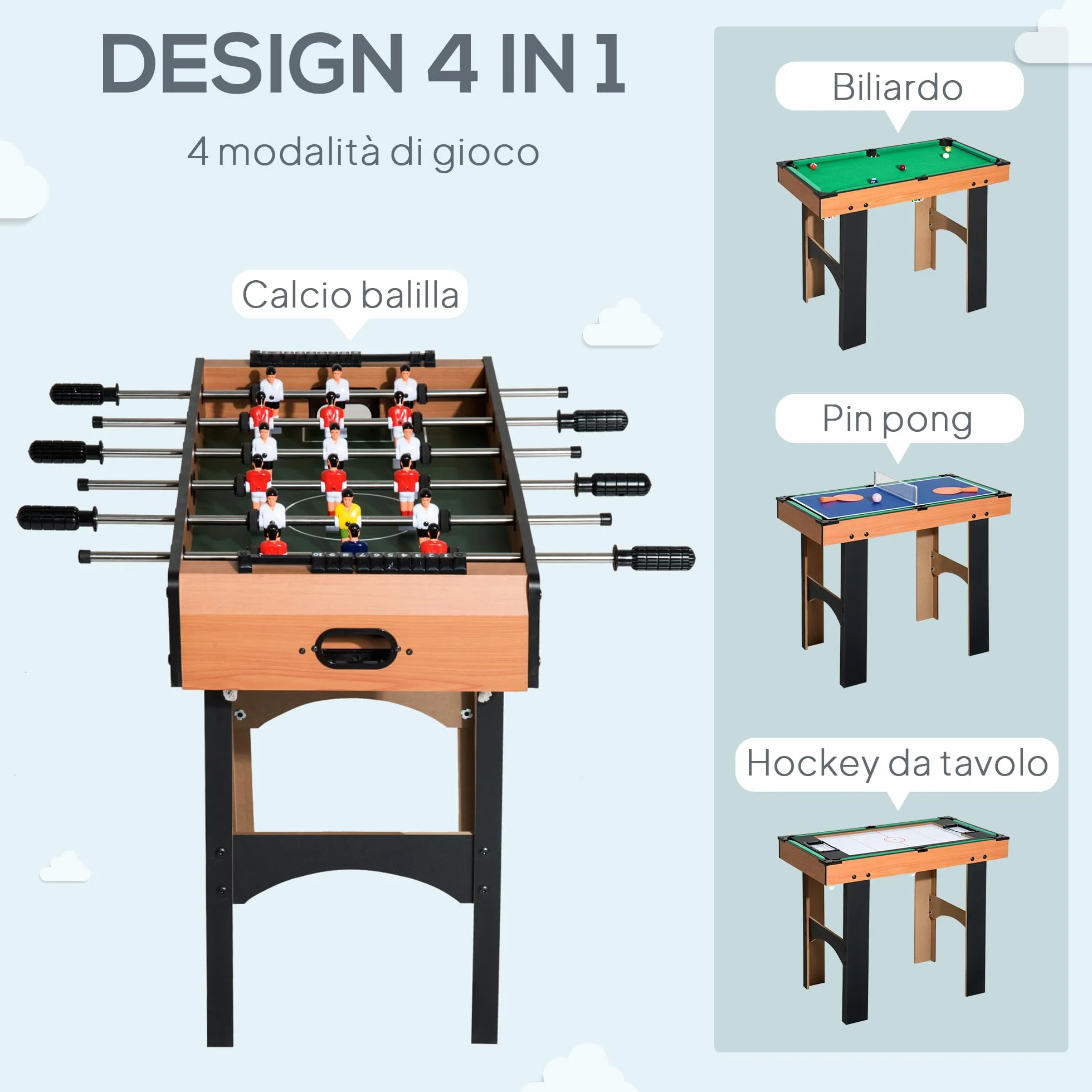 HOMCOM Tavolo Multigioco 4 in 1 con Calcio Balilla, Biliardo, Ping Pong e Hockey da Tavolo, Tavolo da Gioco con Accessori, in Legno MDF, Legno Naturale e Nero