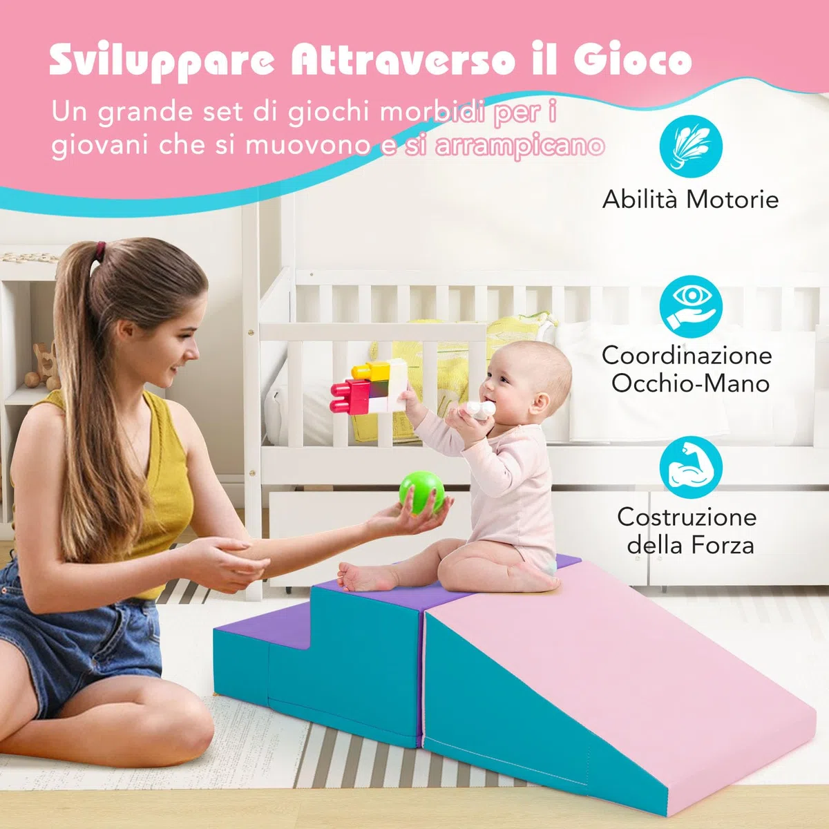 COSTWAY Set di 2 Blocchi per Gattonare e Arrampicare per Bambini, Schiuma Morbida Gioco Attivo Interno, Viola e Rosa