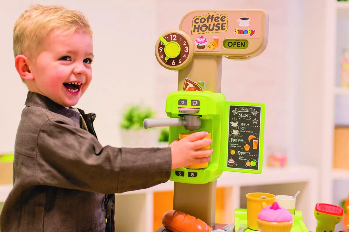 Smoby - Roleplay Coffee House, 7600350232, +3 Anni, 57 Accessori, Macchina del caffè, Registratore di Cassa, H. 89 Cm