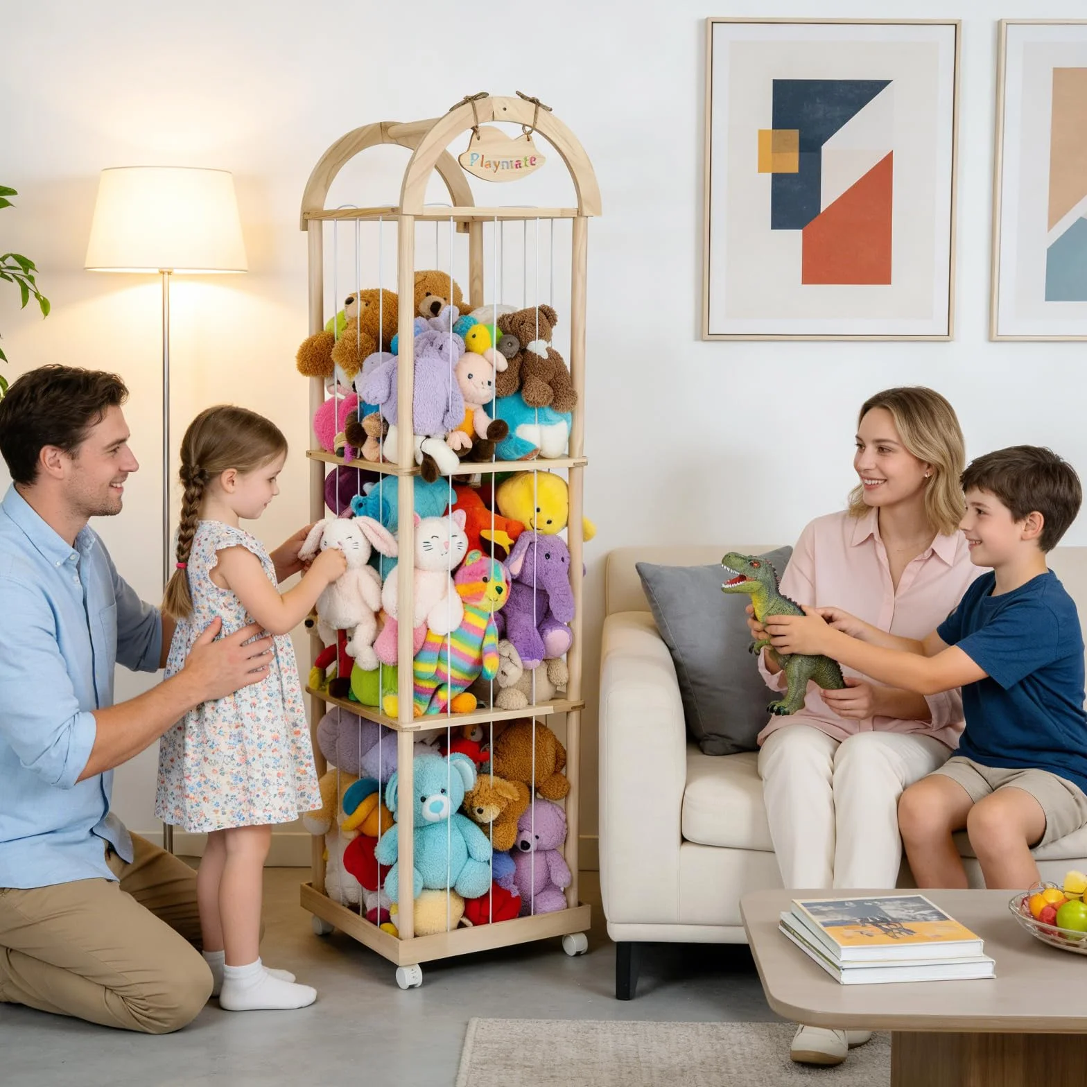 Contenitore per animali di peluche in legno, con ruote attrezzate a 360°, robusto scaffale giocattolo a 3 livelli, per soggiorno, camera da letto, mobili per cameretta dei bambini