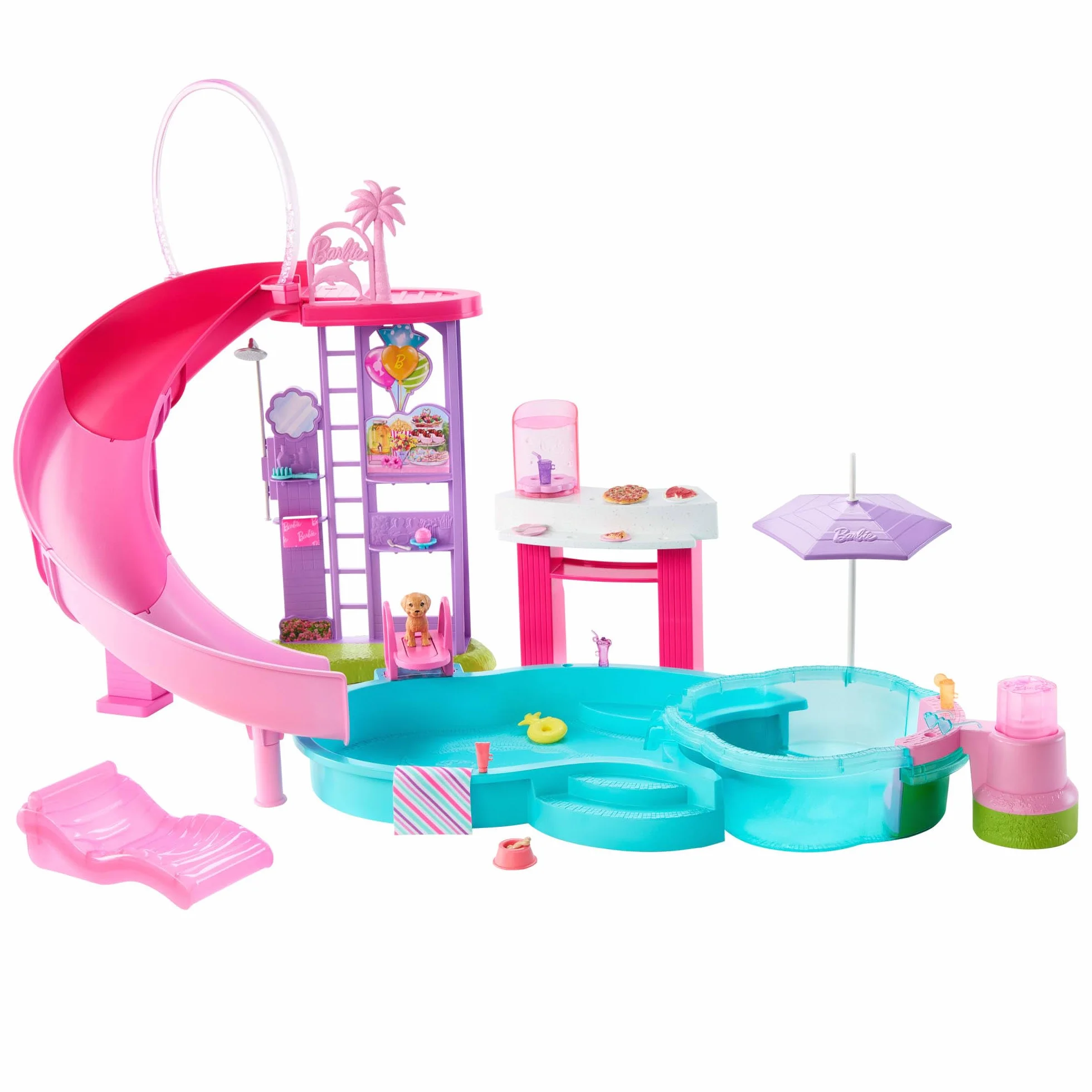 Barbie - Piscina dei Sogni, set con 6 aree di gioco tra cui scivolo e idromassaggio, cuccioli, galleggianti e oltre 20 accessori inclusi, giocattolo per bambini, 3+ anni, JKG83