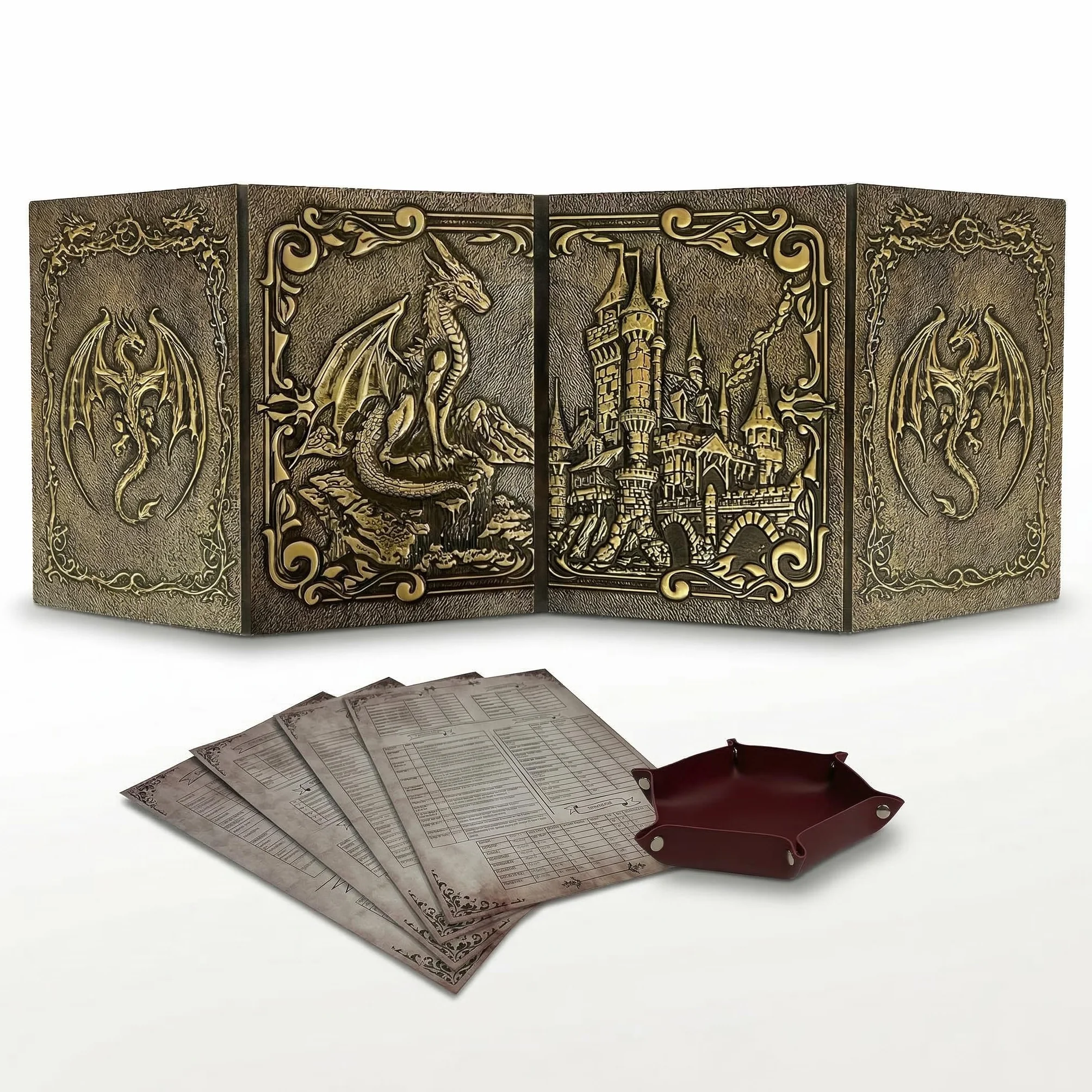 Schermo Dungeon Master con Vassoio per Dadi DOJA Hobbies, DM Screen DnD Pieghevole 4 Pannelli in Pelle Sintetica Dorata con Tasche Personalizzabili, Accessori Dungeons & Dragons Gioco di Ruolo
