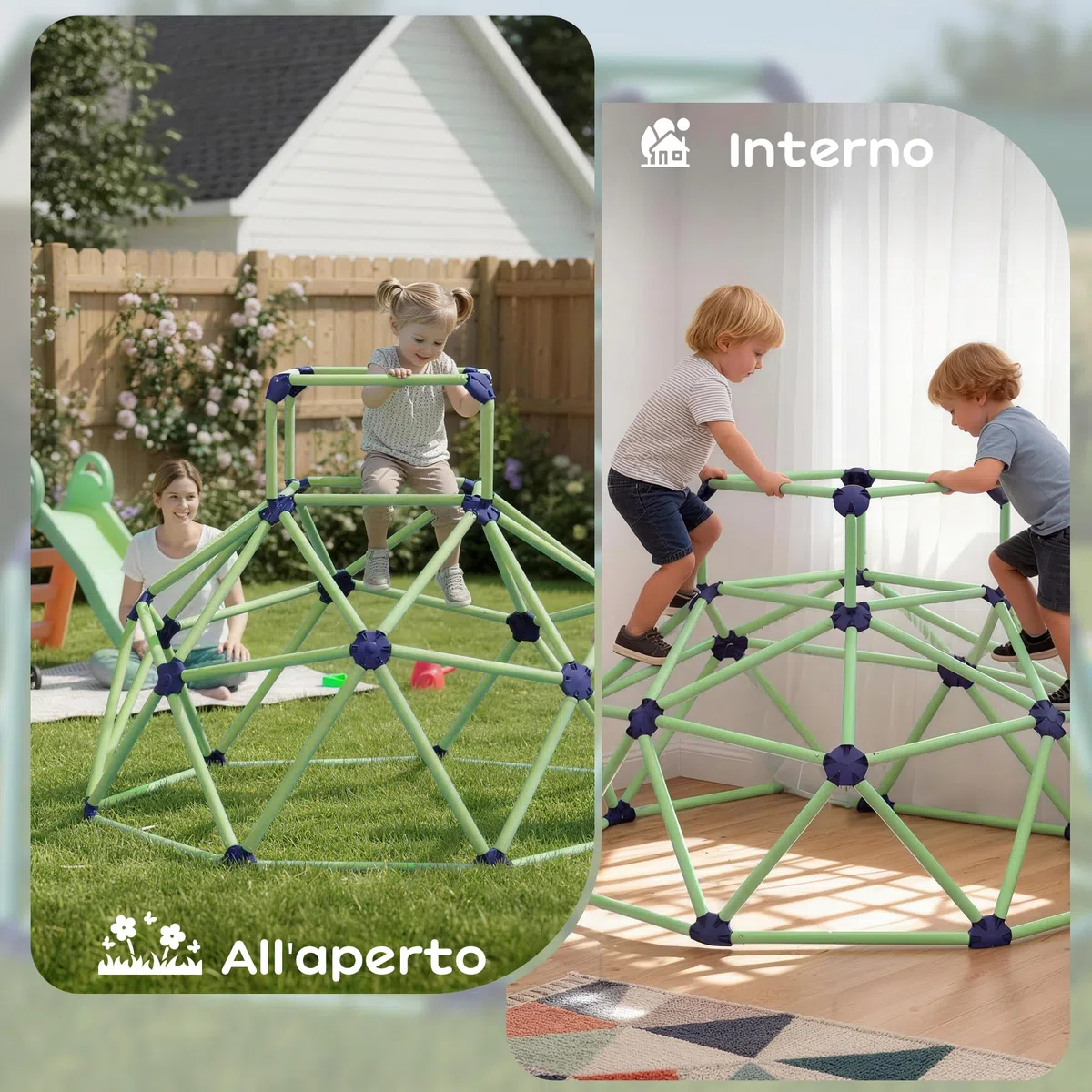 AIYAPLAY Gioco Arrampicata Bambini 3-8 Anni a Cupola per Interno ed Esterno con Bordi Smussati, Gioco per Bambini in Plastica, 182.5x182.5x119 cm, Verde e Viola