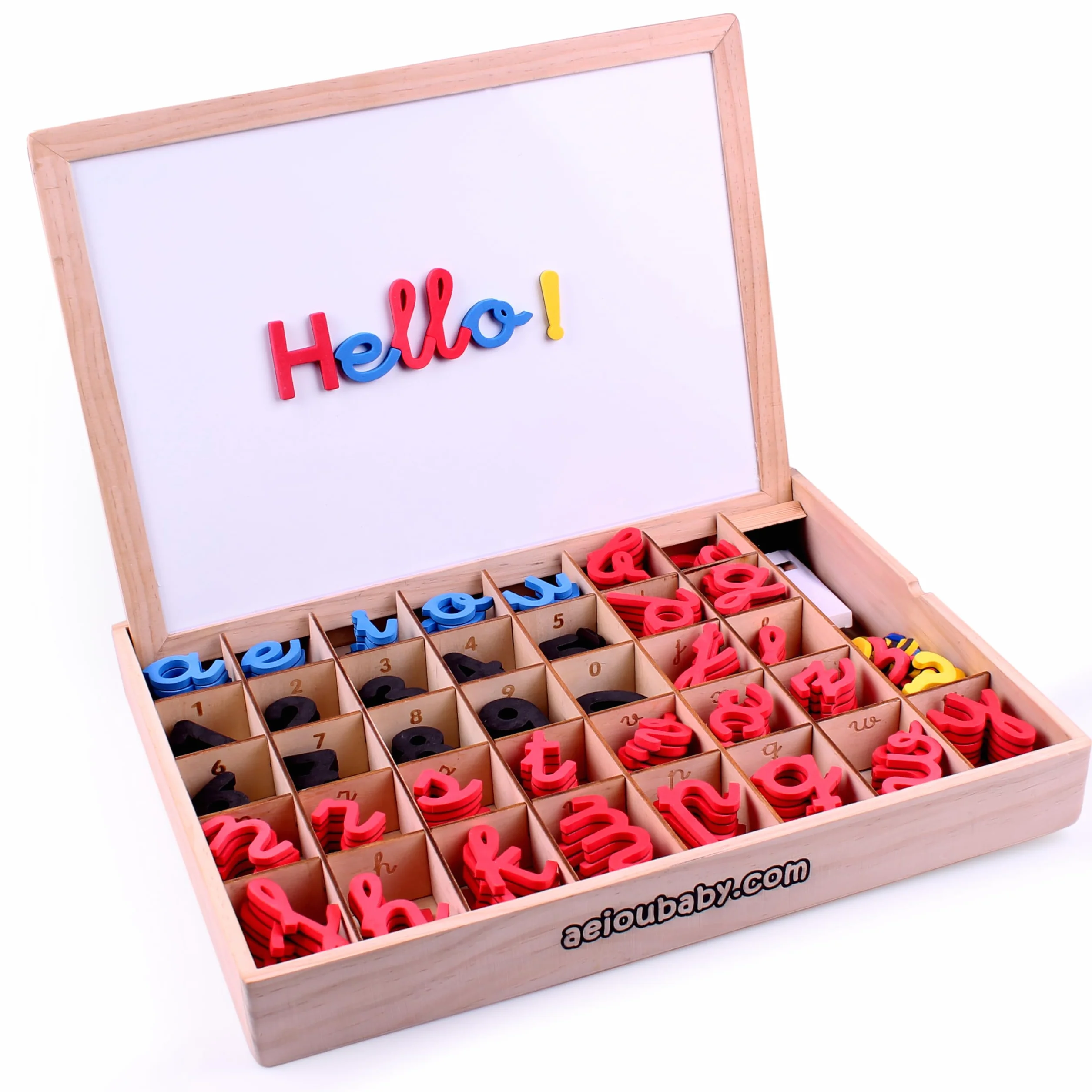Lettere e numeri magnetici Montessori | Legato Cursive Mobile Legate. Maiuscole, minuscole e cifre in gomma EVA | Lavagna reversibile e scatola di legno | Gioco educativo Imparare a leggere e scrivere