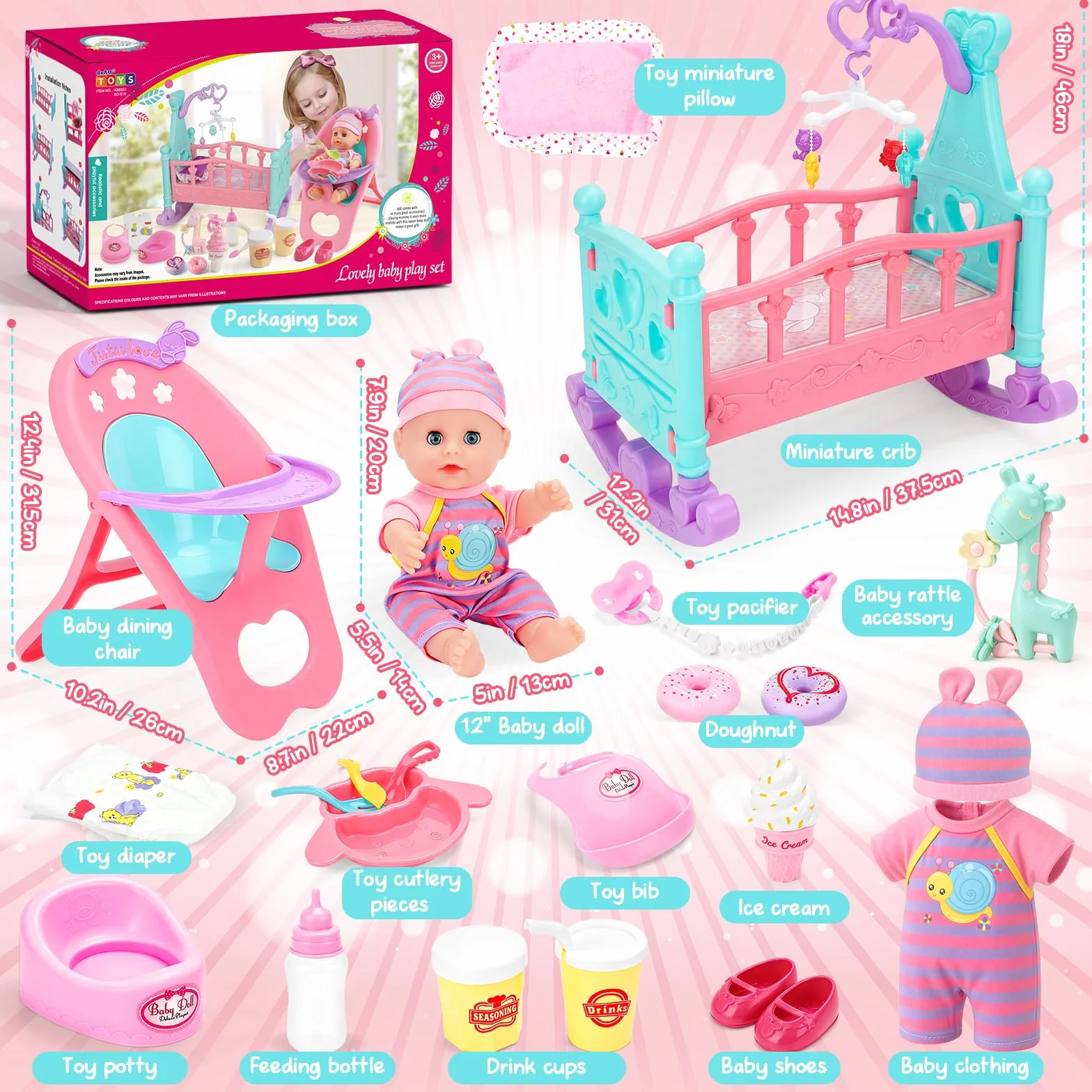 deAO Bambola con Accessori, Set da 21 Pezzi con Culla 12' Bambolotti Bebè Seggiolone e Lettino Giocattolo Educativo per Bambina 3+ Anni in su Idea Regalo per Natale o Compleanno
