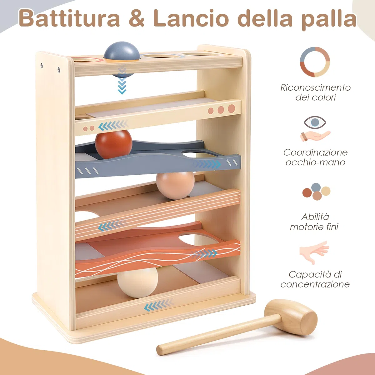 Vanplay Pista Biglie Legno Bambini 1 Anno Gioco Martello 4 Palline Giocattolo Montessori