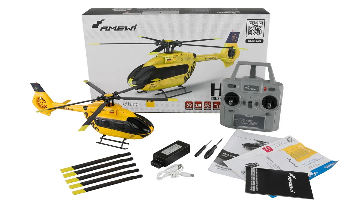 Amewi ADAC H145 - Elicottero Brushless a 6 canali 6G RTF telecomandato RC Heli modello licenza, giallo
