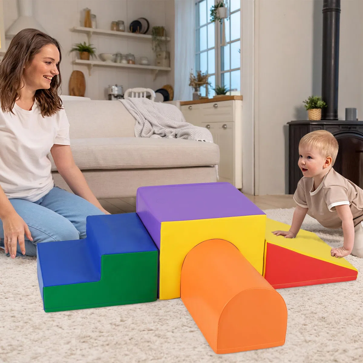 COSTWAY Set di 4 Blocchi in Schiuma per Arrampicarsi e Gattonare per Bambini, Giocattoli Morbidi da Interno (Giallo)