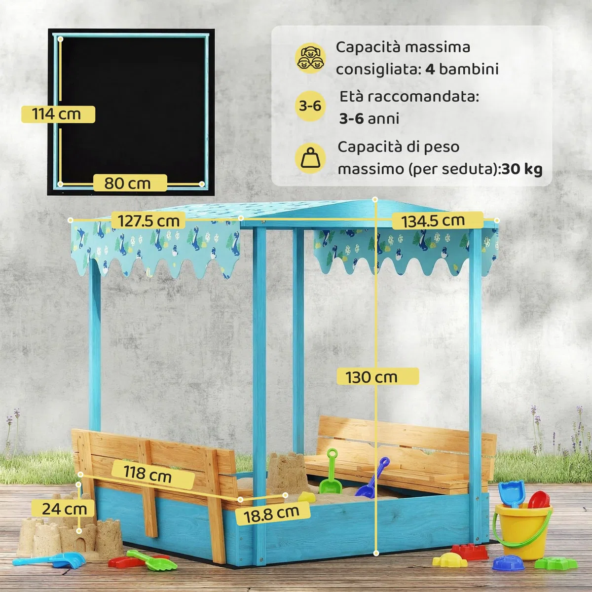 AIYAPLAY Sabbiera per Bambini 3-6 Anni con Tettuccio Dinosauri, Sedute Pieghevoli, Coperchio e Fodera Inclusa, Sabbionaia per Bambini in Legno di Abete, 134.5x127.5x130 cm, Blu