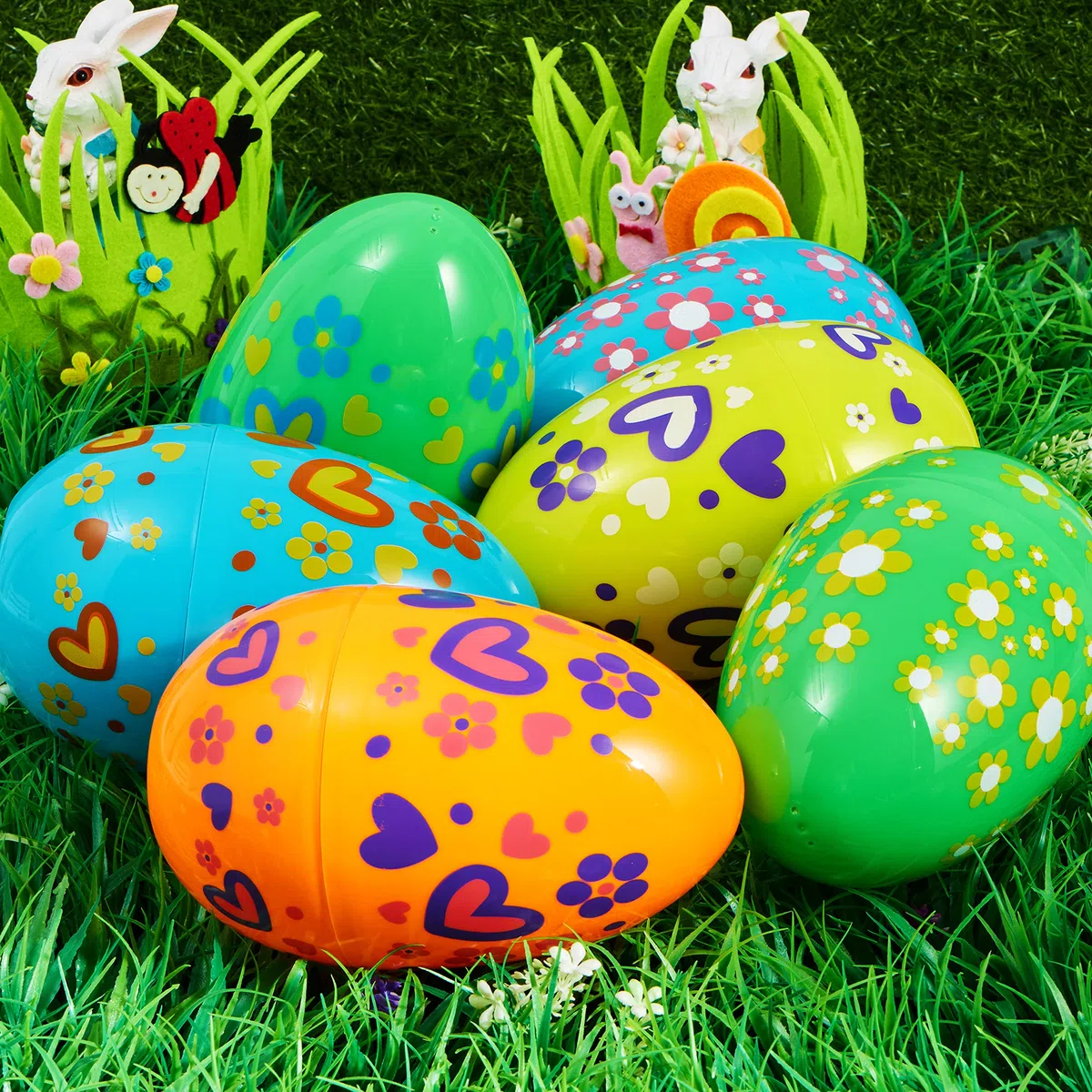 JOYIN 12 uova di Pasqua Jumbo da 17,8 cm, in plastica brillante, tinta unita, 6 colori assortiti, stampate uova vuote per riempire dolcetti, bomboniere, caccia, cestini, riempitivi, premi in classe
