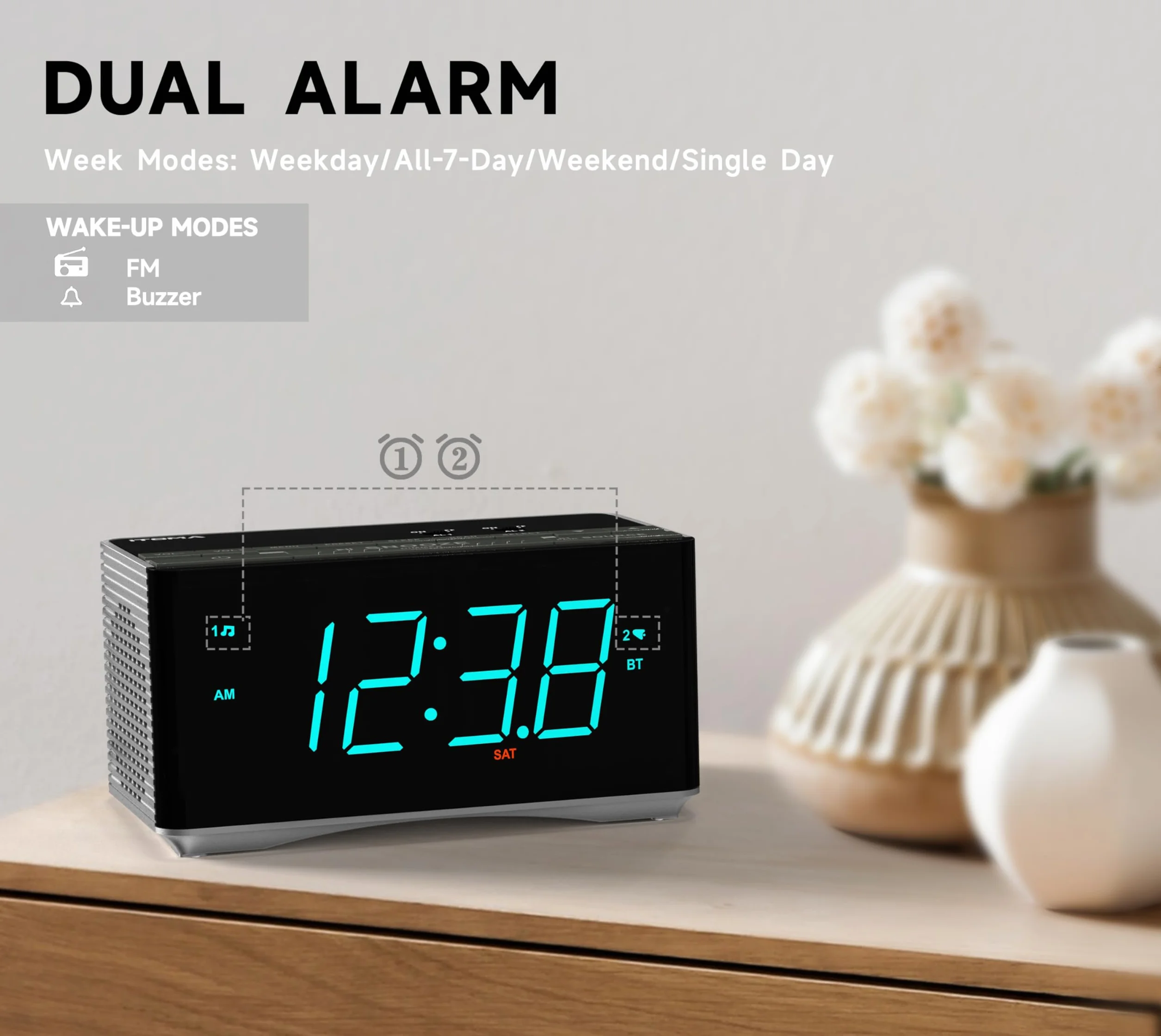 iTOMA Sveglia radio-altoparlanti stereo Bluetooth, radio FM, doppia sveglia, snooze, dimmer di luminosità, ricarica USB, sveglia per camera da letto ufficio 3501